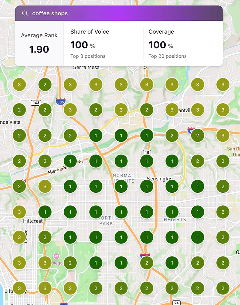 A local SEO heatmap illustrating top 3 rankings for a small business