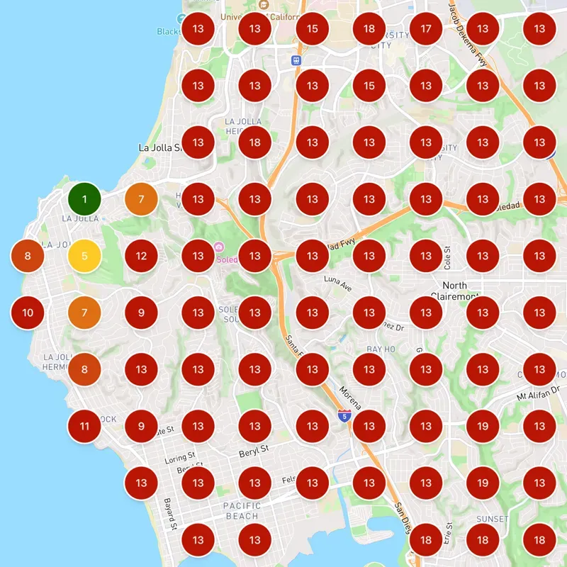 Local SEO heatmap showing a hair salon’s poor Google Maps rankings across La Jolla before optimization