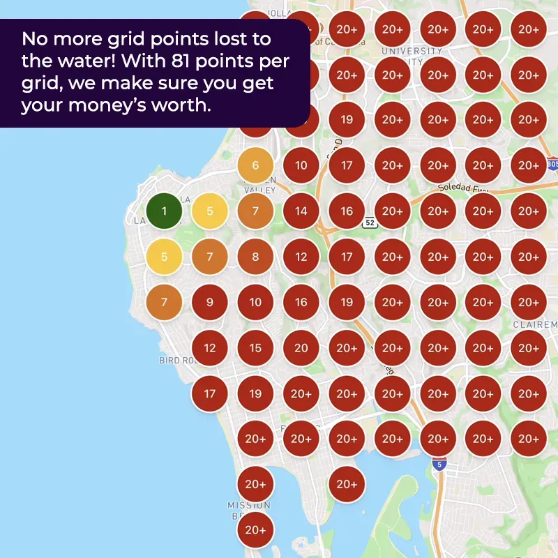 Local SEO heatmap showing a La Jolla restaurant ranking poorly on Google Maps before optimization