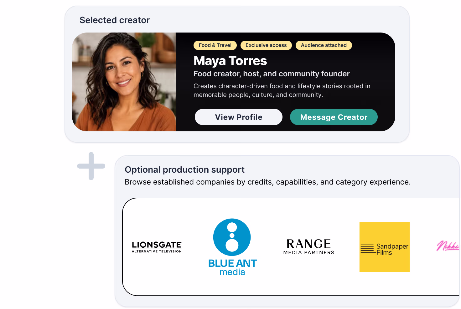 A selected creator card and a panel of production company logos