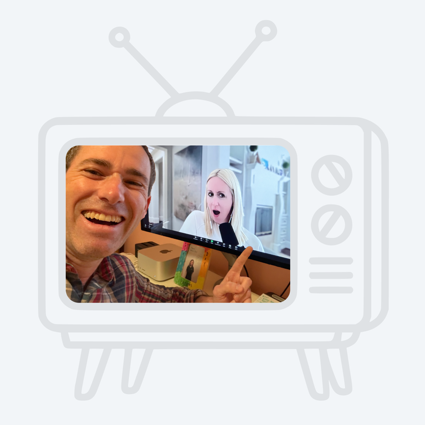 Adam Wilkenfeld on a video call, drawn inside an old television set