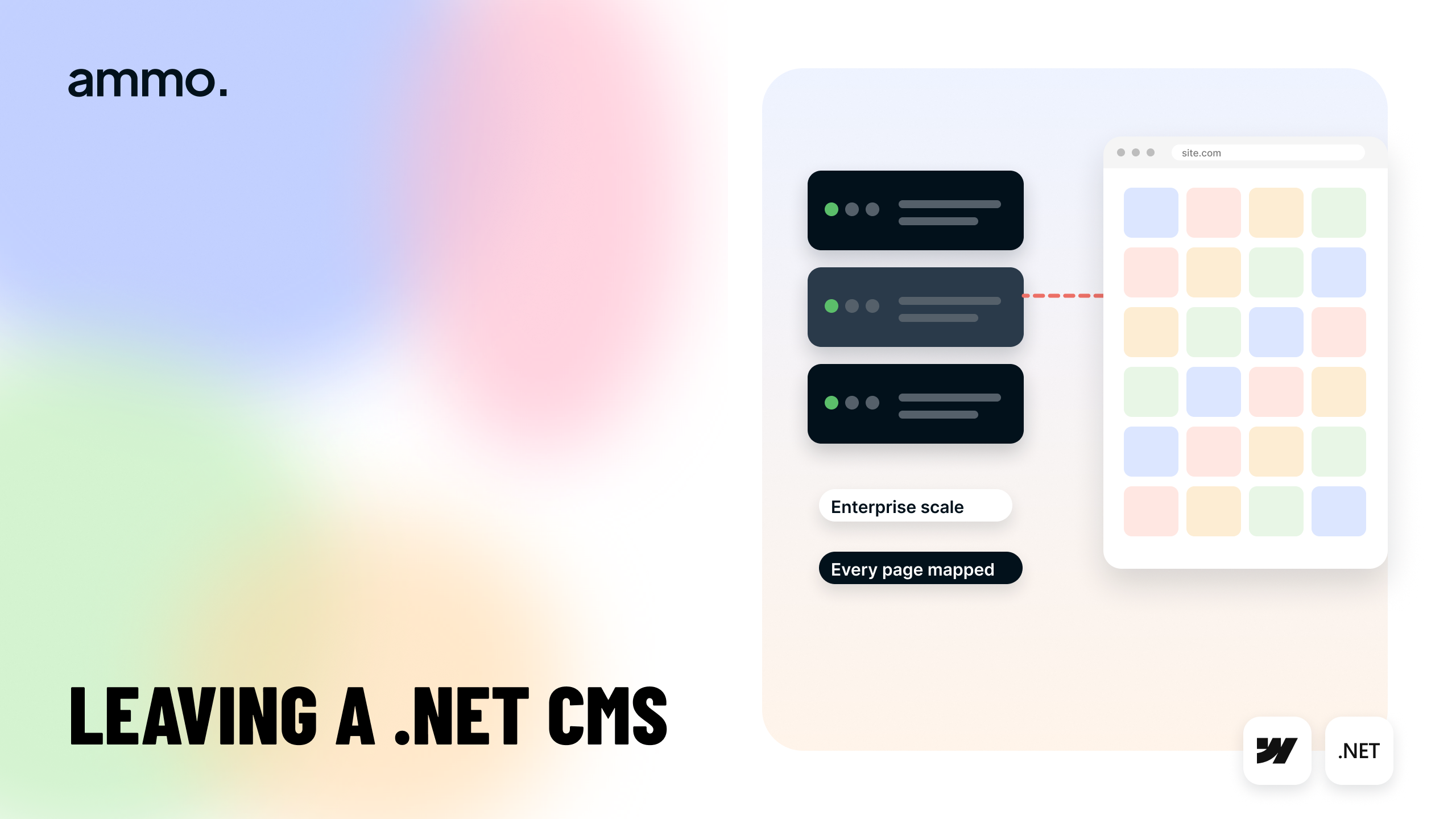 Ammo cover: Leaving a .NET CMS, with legacy servers moving to a page grid, Webflow and .NET logos