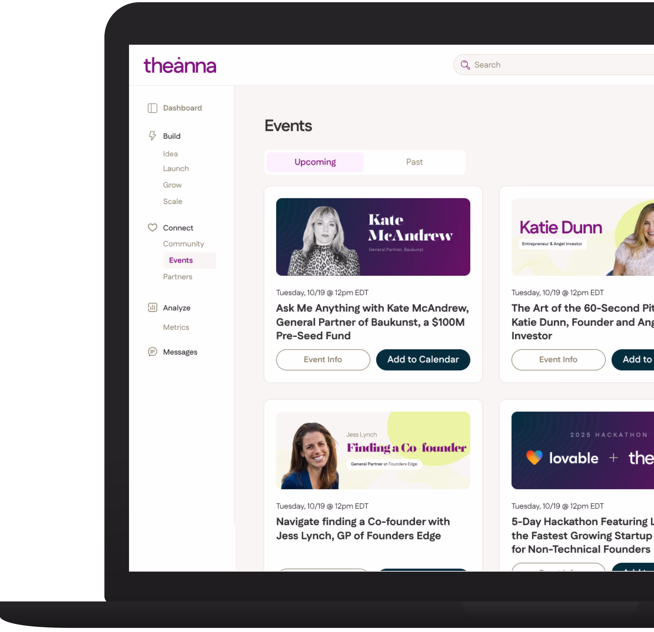 Three pillars of Theanna Connect: Community, Partners/Perks, and Events/Experts for female founder success