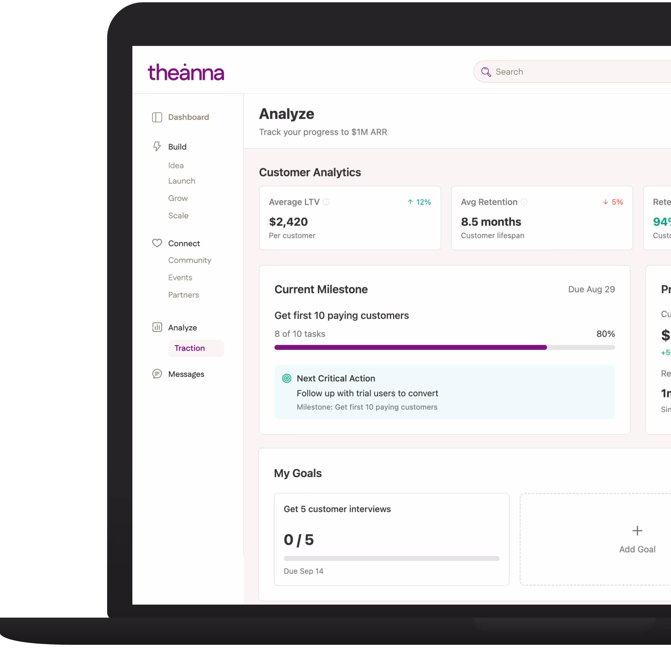 Theanna Build dashboard showing AI-powered milestone tracking with progress indicators for female founder startup journey