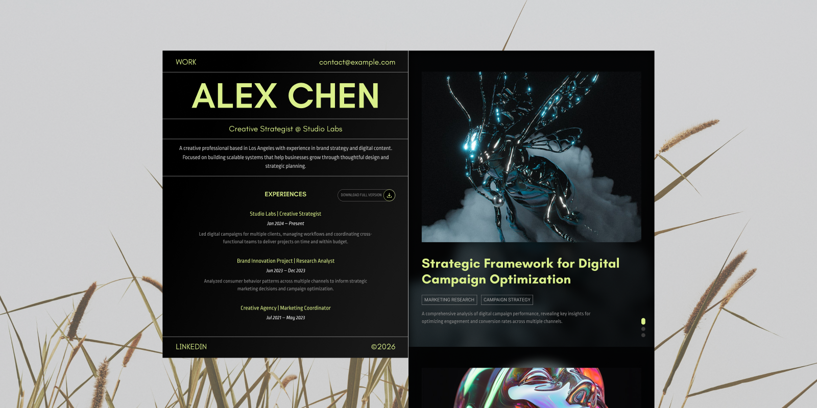 Split-screen personal portfolio website designed by Vio Dsgn Studio for A&R professional