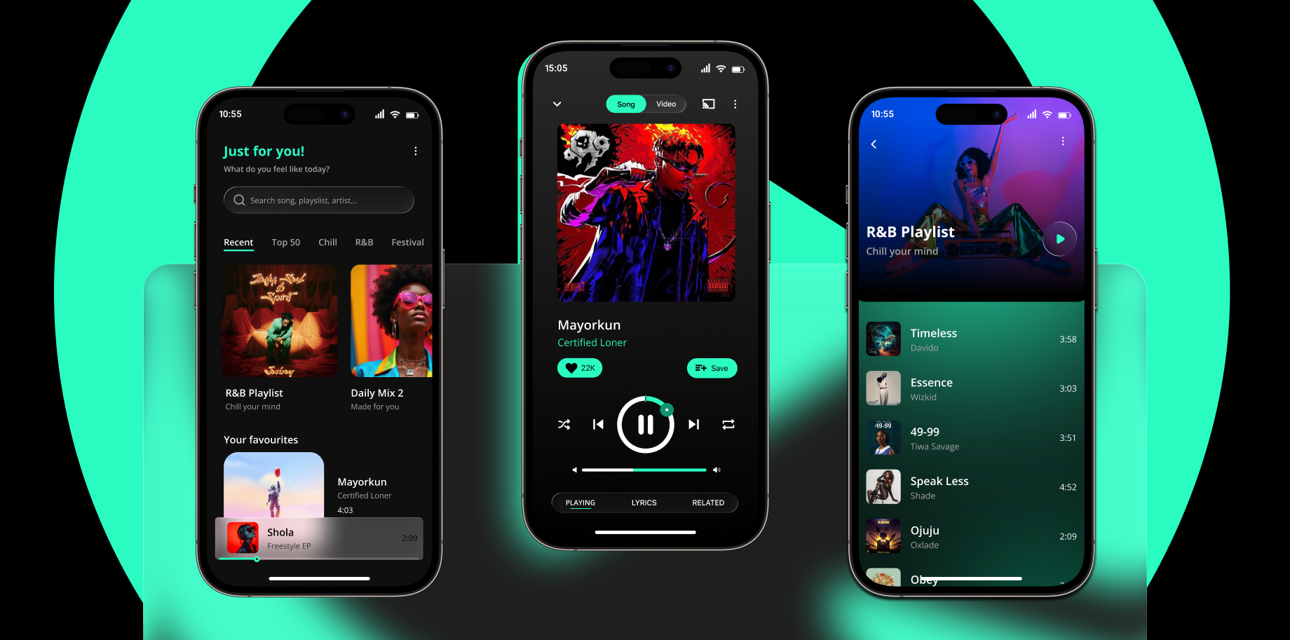 Three smartphones displaying a music app interface featuring playlists, a playing song by Mayorkun, and a list of R&B songs.