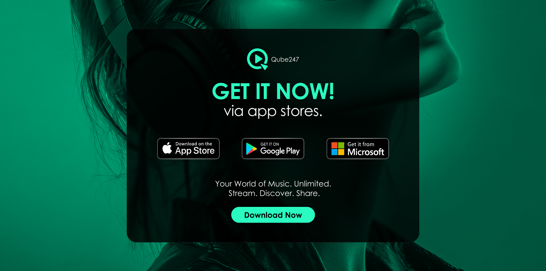 Qube247 app promotion with download options from Apple App Store, Google Play, and Microsoft Store, featuring a teal and black design.