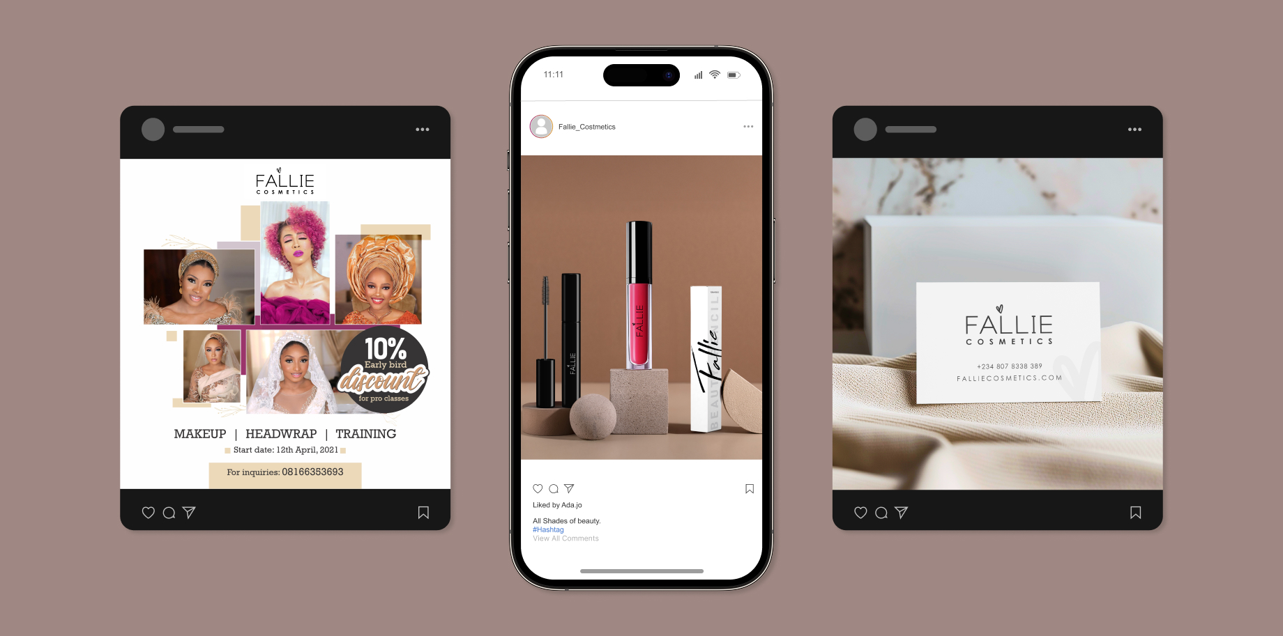 Three social media post mockups: left shows Fallie Cosmetics makeup, headwrap, and training promo with five women; center features Fallie Cosmetics mascara and lip gloss displayed on geometric stands inside a smartphone; right displays a Fallie Cosmetics business card on a beige fabric background.