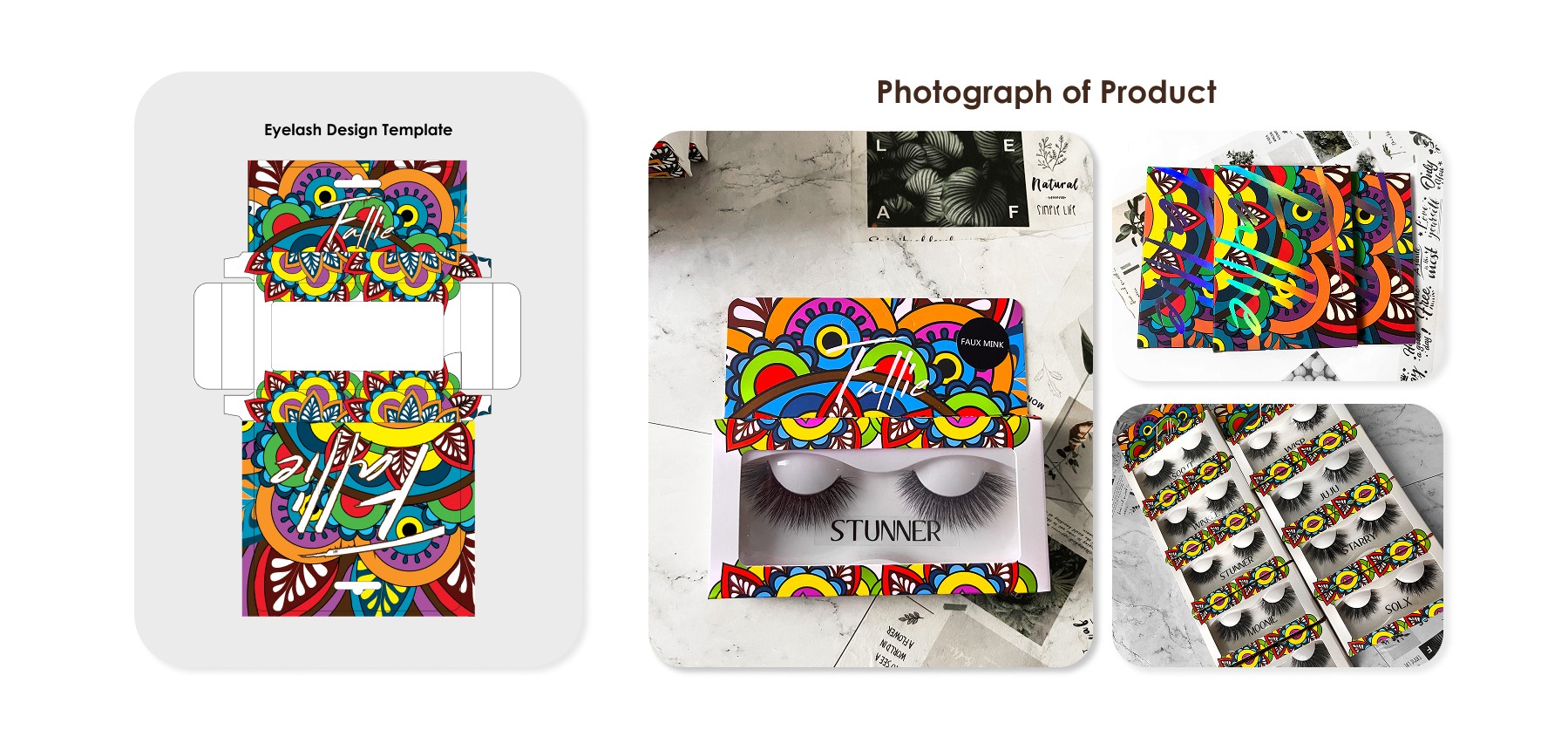 Colorful eyelash packaging design template and photographs of finished lash products labeled 'Stunner' with floral and abstract patterns.