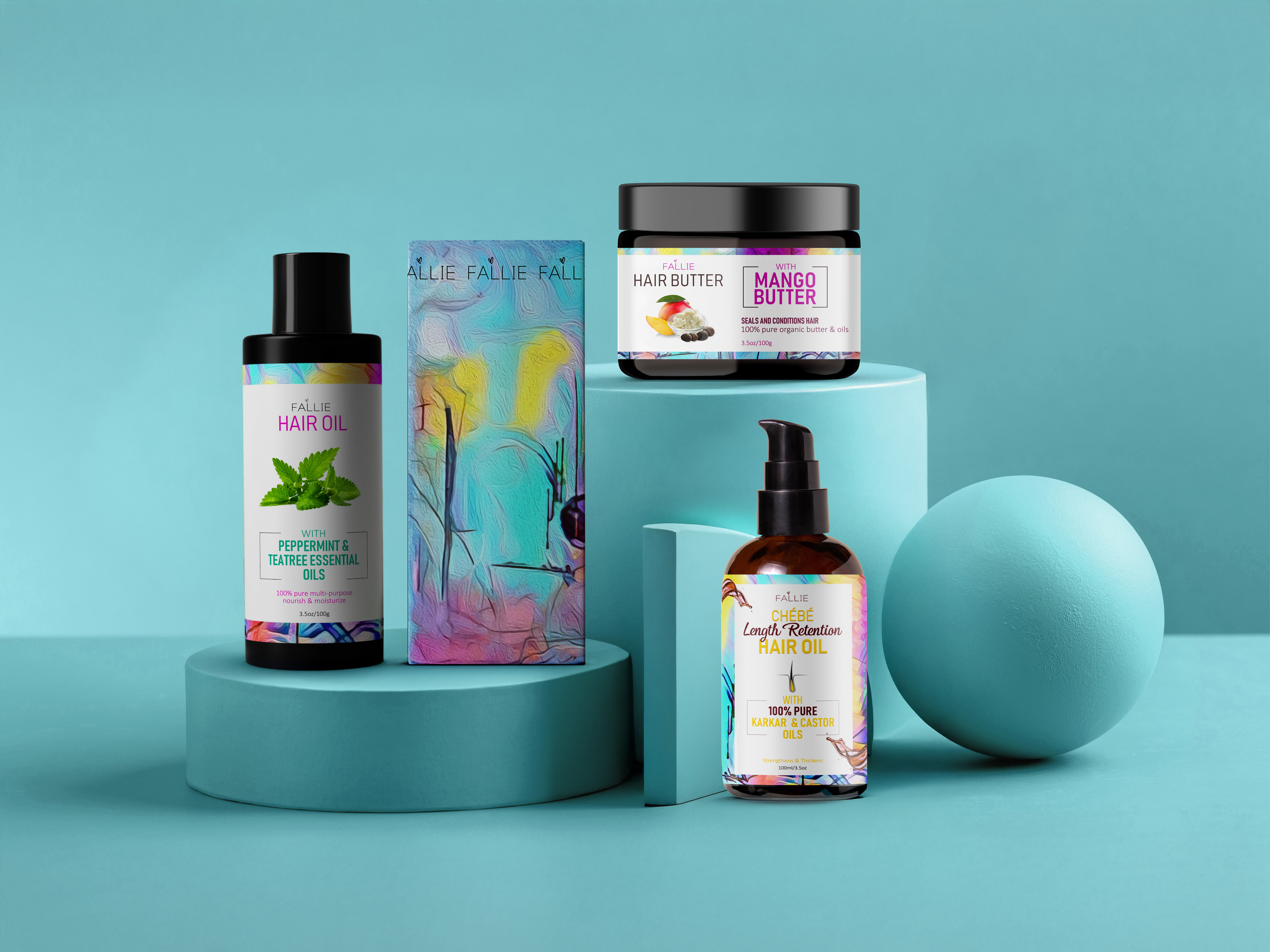 Fallie brand hair care products including peppermint and tea tree hair oil, mango butter hair butter, and chébé length retention hair oil displayed on blue geometric shapes.
