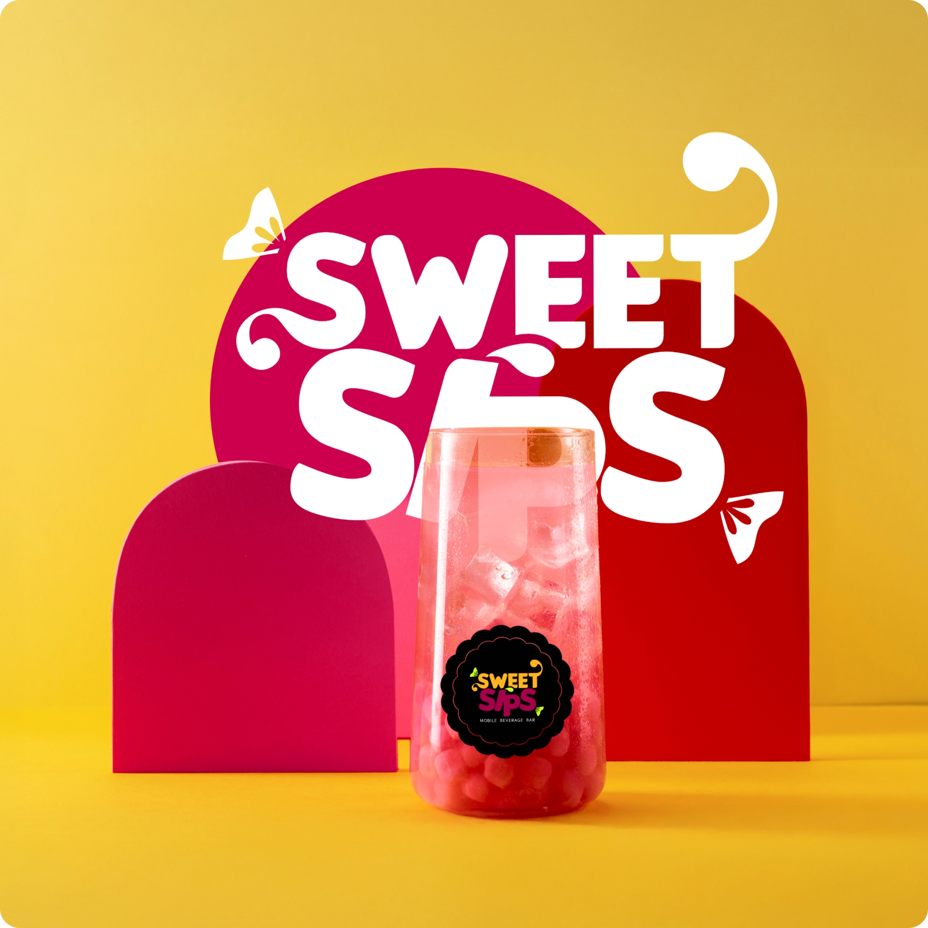 Tall clear glass with pink drink and ice in front of a yellow background and stylized Sweet Sips logo with red and pink shapes.