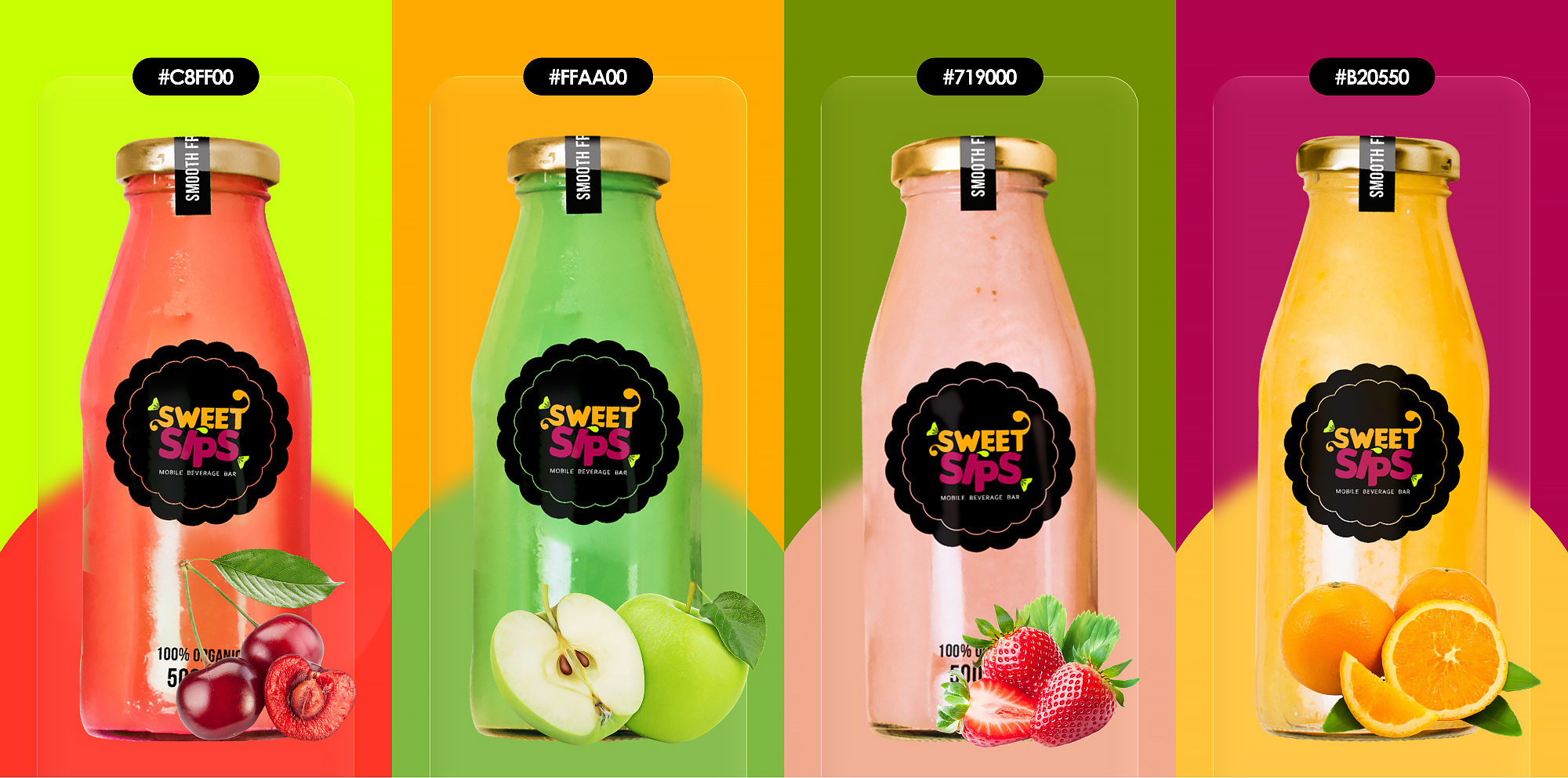 Four Sweet Sips beverage bottles in red, green, pink, and orange colors, each with corresponding fruits: cherries, green apples, strawberries, and oranges.