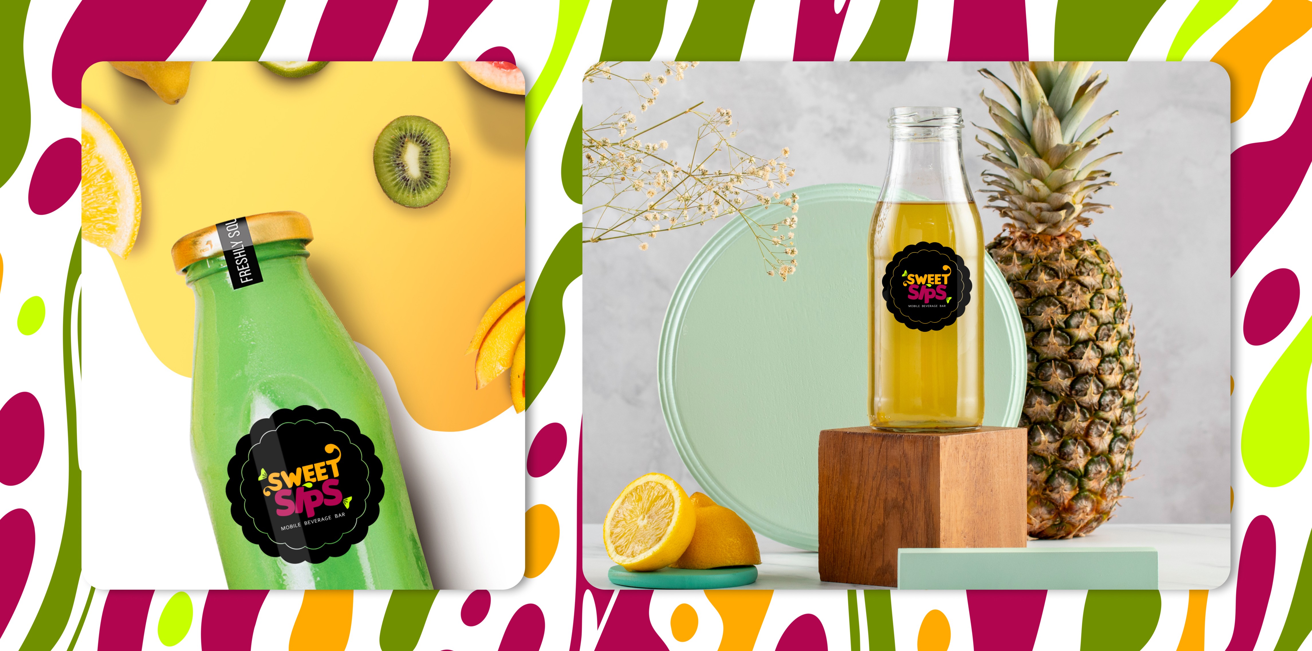 Two bottles of Sweet Sips juice, one green with a wooden cap surrounded by lemon and kiwi slices, and one yellow on a wooden block next to a whole pineapple and lemon halves.