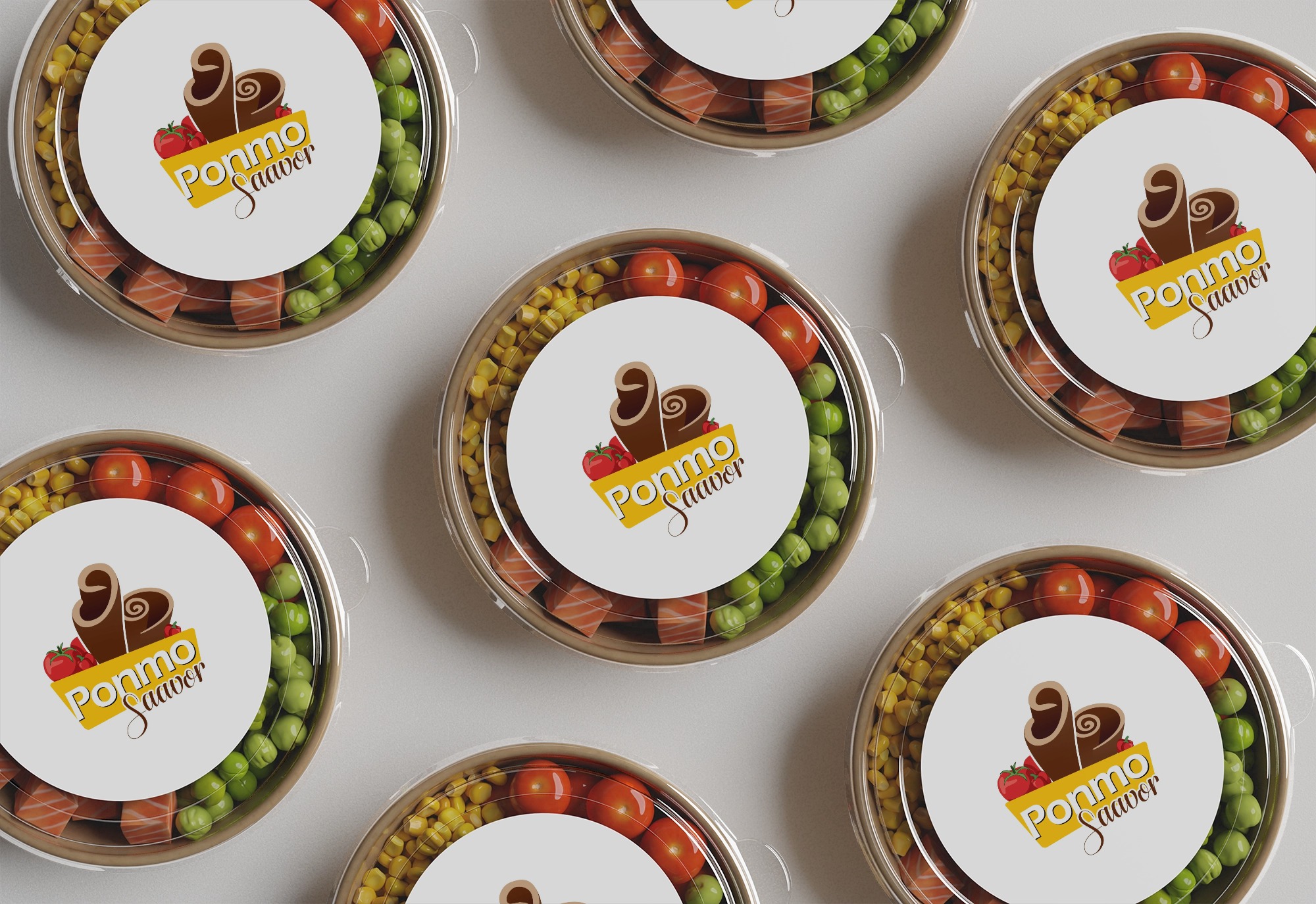 Multiple round containers with clear lids displaying colorful vegetables arranged around a central label that reads 'Ponmo Savor' with a rolled meat graphic.