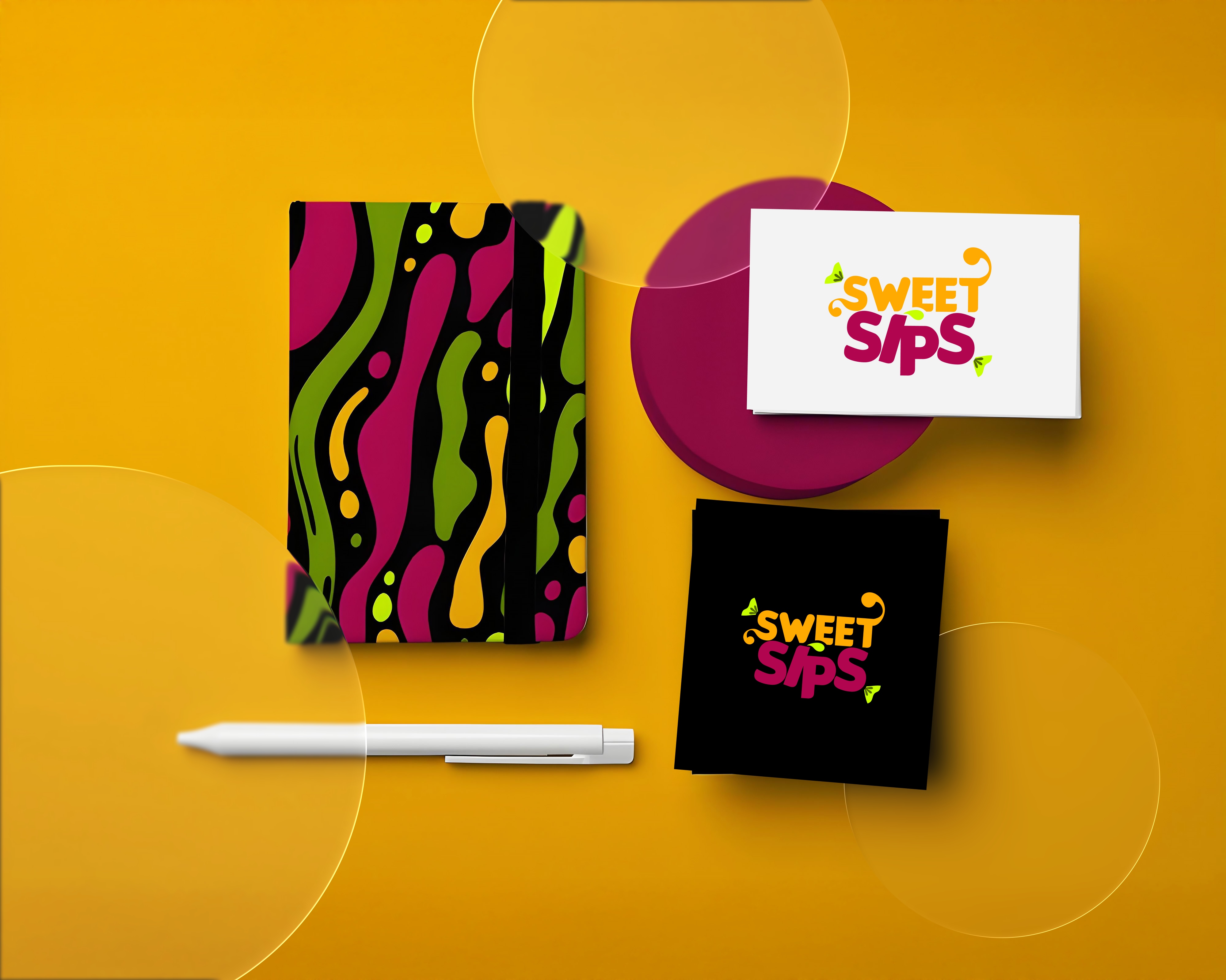 Colorful abstract patterned notebook, white pen, round maroon container, and white and black cards with Sweet Sips logo on orange background.