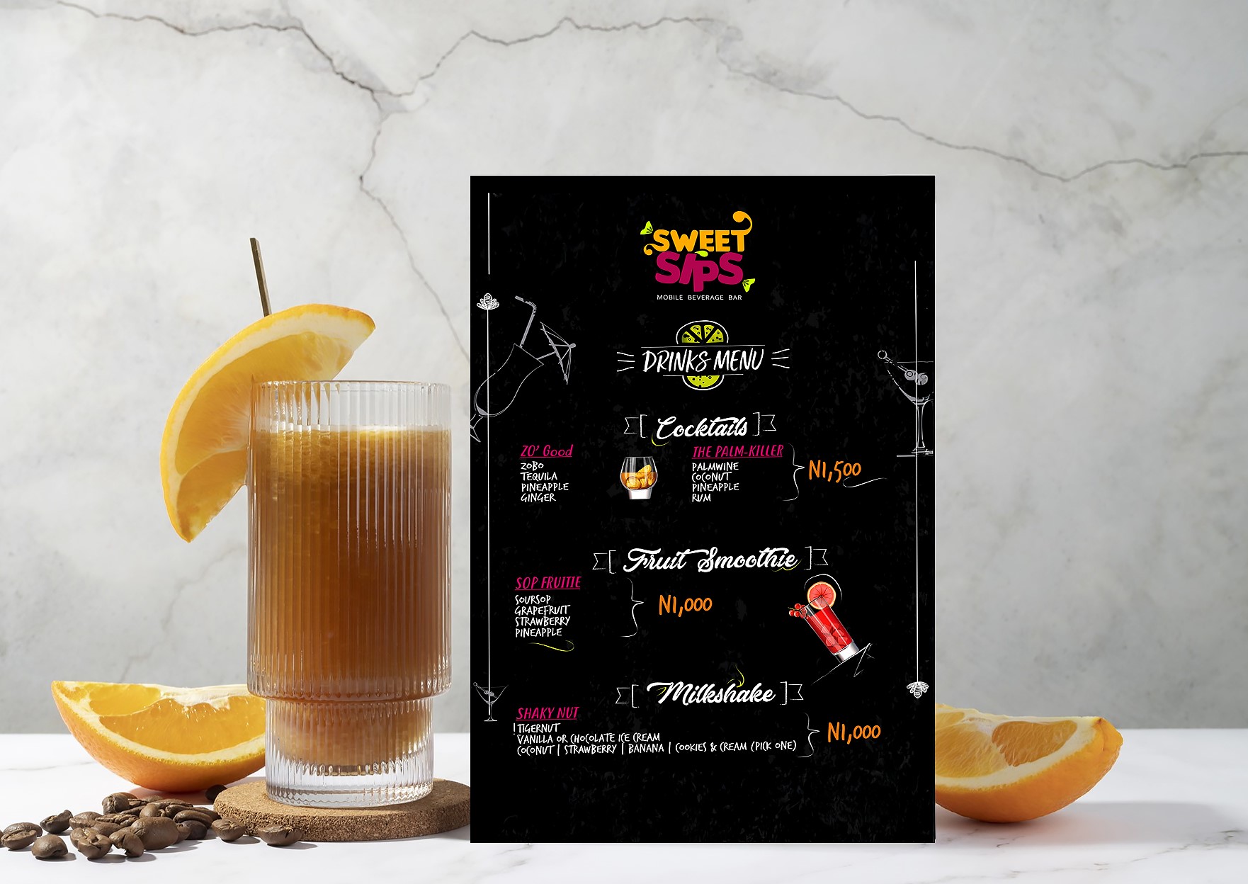 Colorful abstract patterned notebook, white pen, round maroon container, and white and black cards with Sweet Sips logo on orange background.