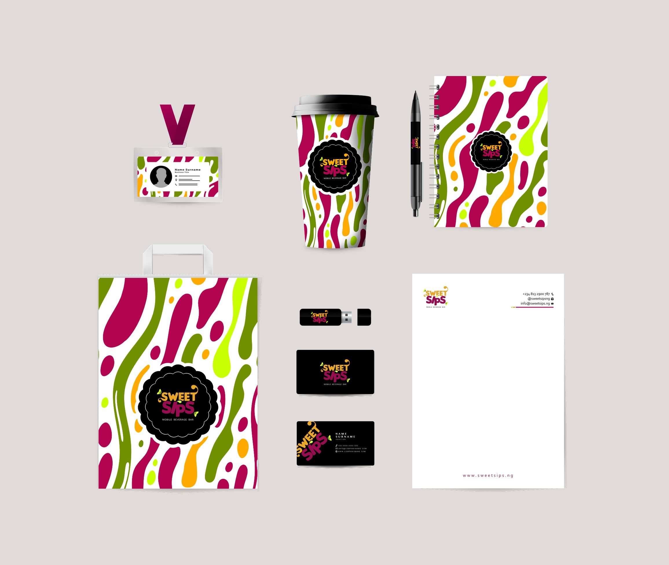 Hand holding a colorful takeaway cup with the Sweet Sips mobile beverage bar logo on a yellow background.