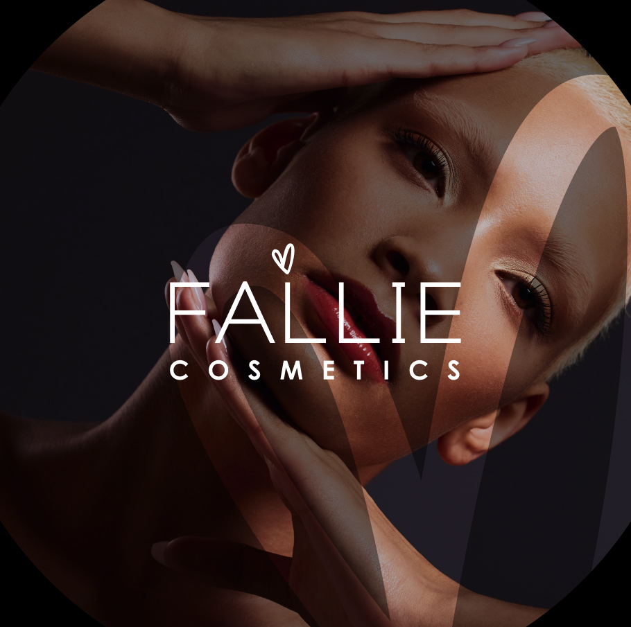 Close-up of a person with light skin and blond hair posing with hands framing their face, overlaid with Fallie Cosmetics logo.