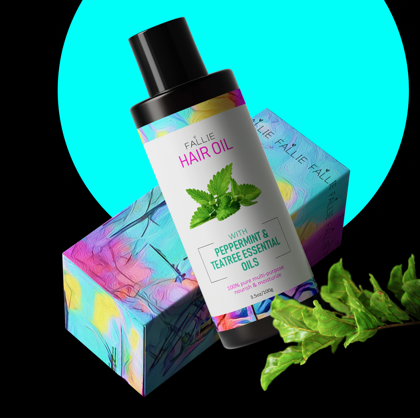 Black bottle of Fallie Hair Oil with peppermint and tea tree essential oils, displayed over a colorful textured box and green leaves, against a bright blue circular background.
