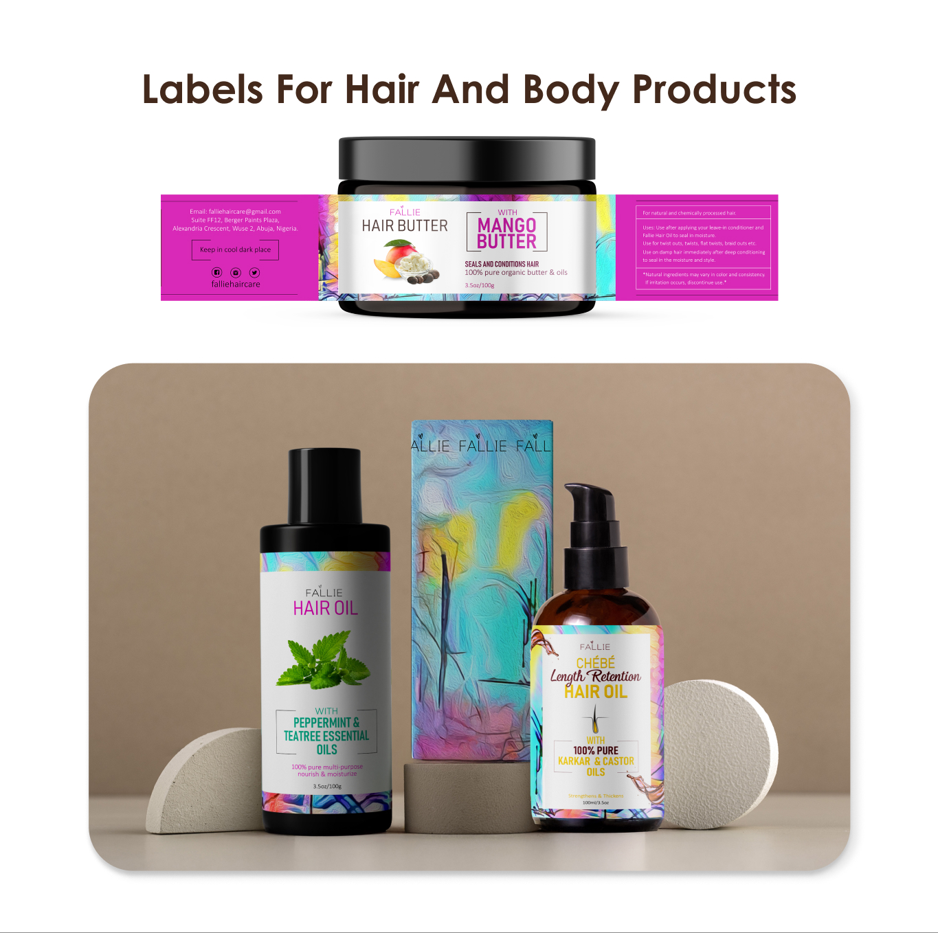 Three hair and body product containers: a hair butter jar with mango butter label, a peppermint & tea tree essential oils hair oil bottle, and a chébè hair oil bottle with karkar & castor oils, displayed with abstract design packaging.