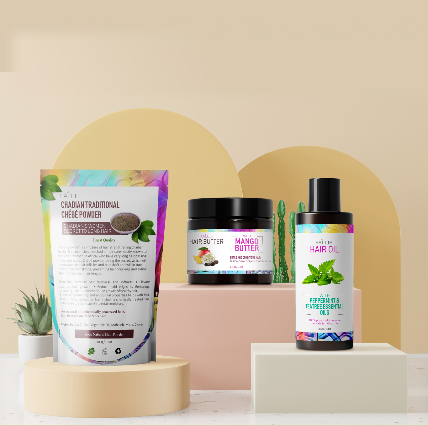 Three hair care products displayed on pastel-colored pedestals: Fallie Chadian Traditional Chébé Powder, Hair Butter with Mango Butter, and Hair Oil with Peppermint & Tea Tree Essential Oils.