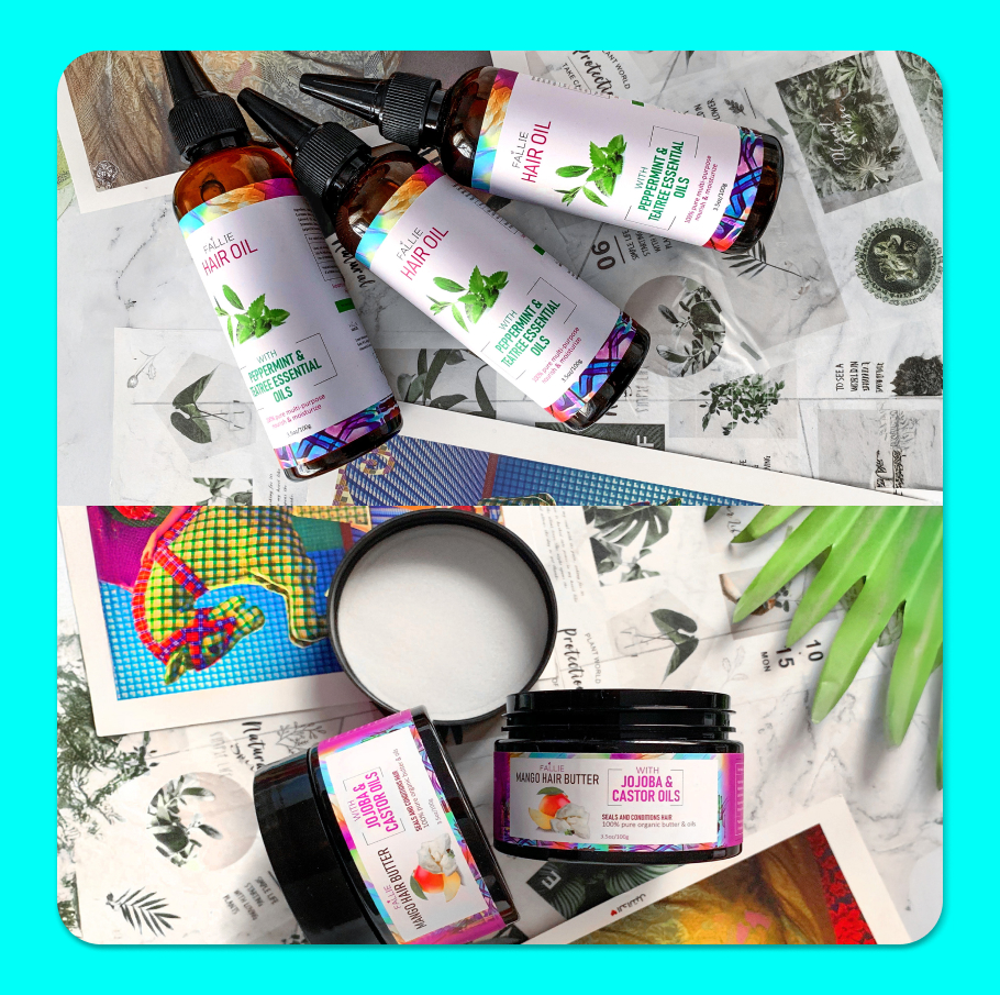 Three bottles of Fallie Hair Oil with peppermint and tea tree essential oils on a decorative surface, and two jars of Fallie Mango Hair Butter with jojoba and castor oils nearby.