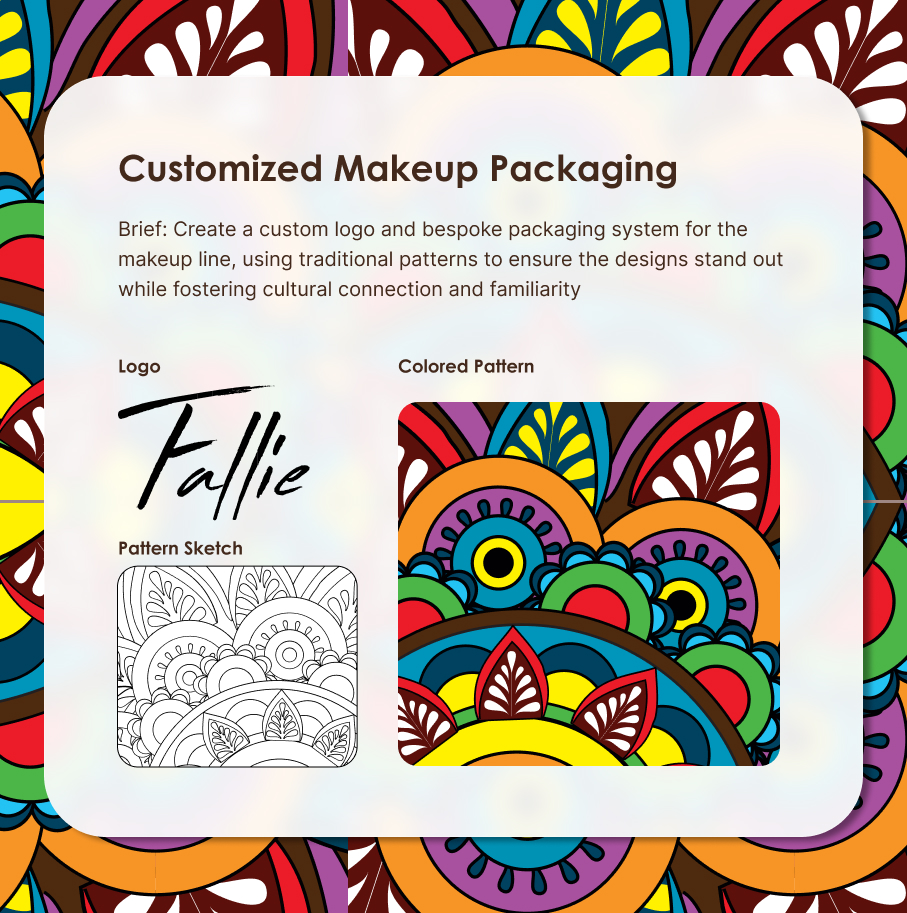 Design brief for customized makeup packaging showing a black cursive logo reading 'Fallie,' a black and white floral pattern sketch, and a colorful floral pattern with red, yellow, blue, green, and purple elements.