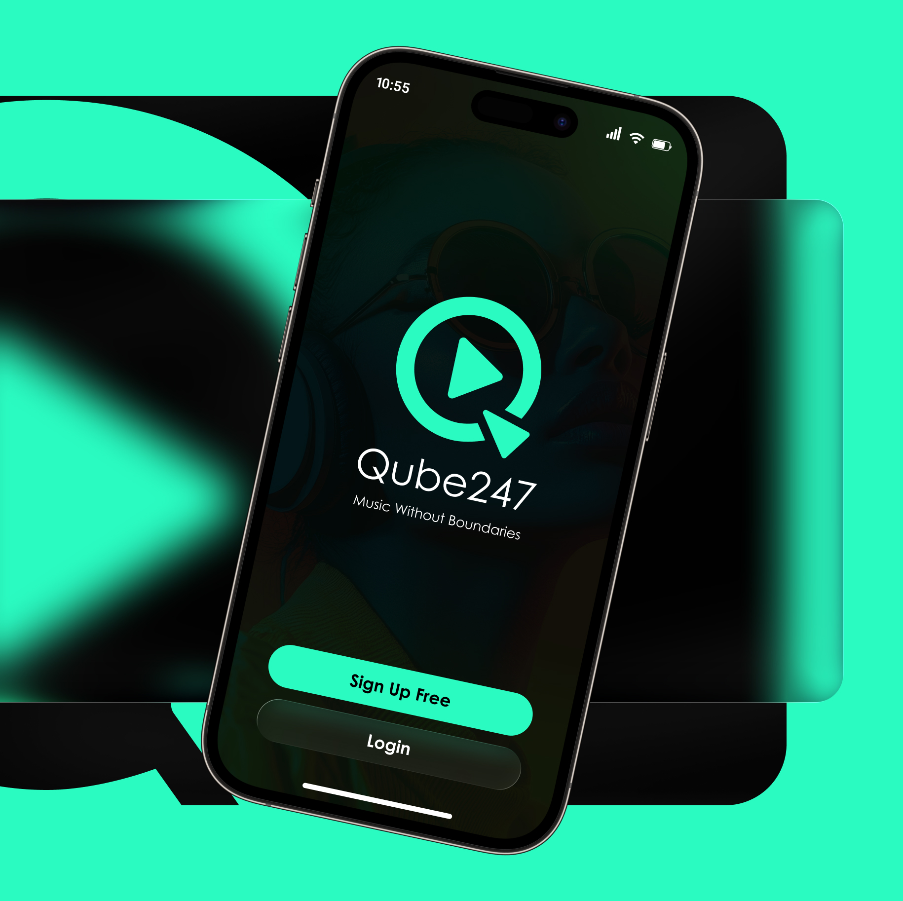 Smartphone displaying Qube247 music app login screen with options to sign up free or login on a teal and black background.