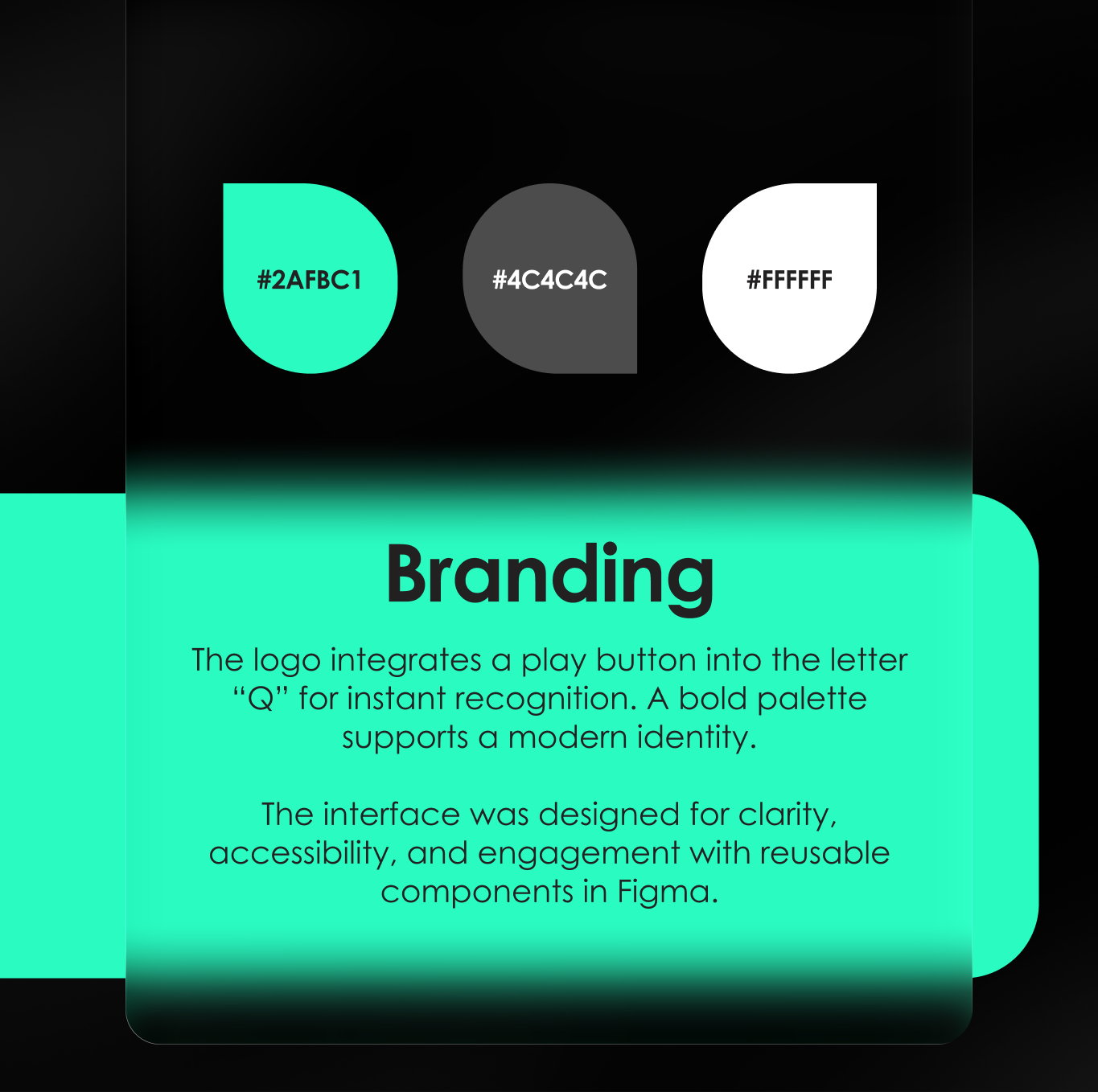 Three stylized color drops with hex codes #2AFBC1, #4C4C4C, and #FFFFFF above text explaining branding focused on a logo with a play button in letter 'Q' and a modern, accessible Figma interface.
