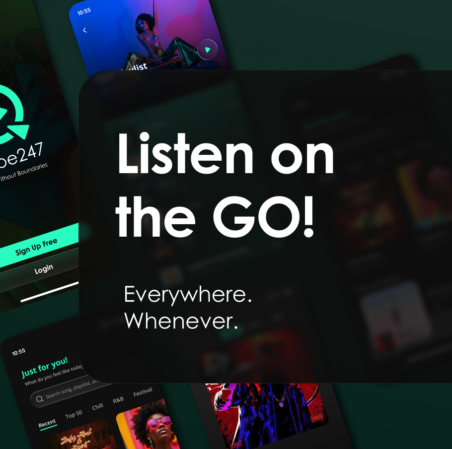 Digital app interface with overlay text 'Listen on the GO! Everywhere. Whenever.'