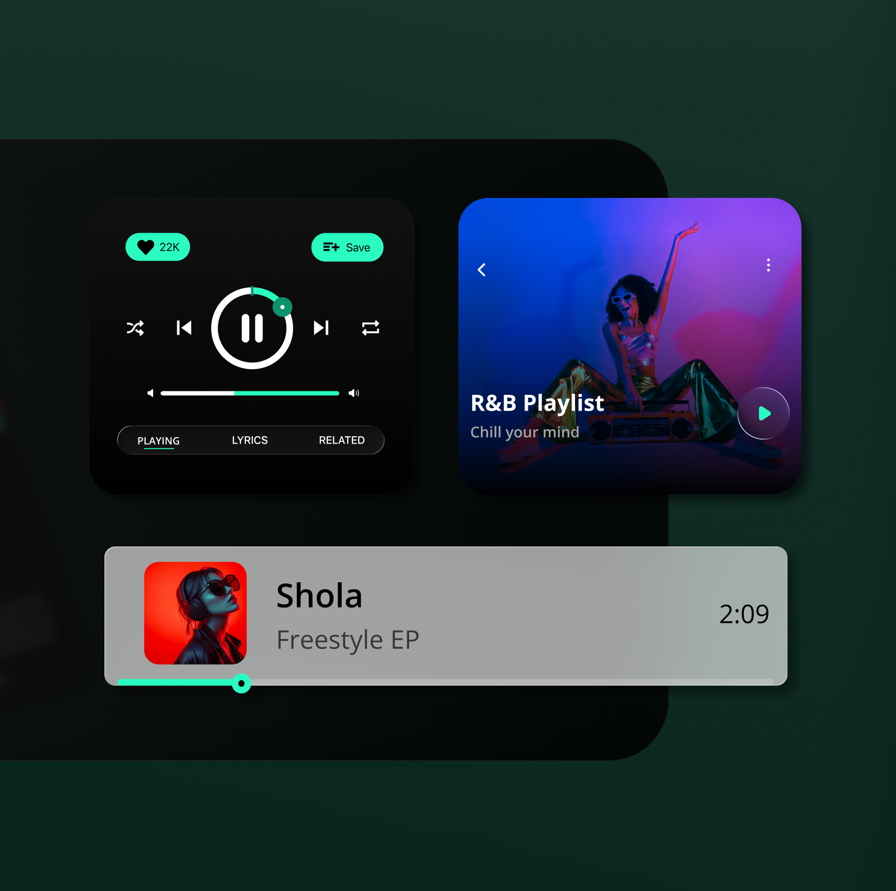 Dark-themed music player interface showing a paused song with 22K likes, an R&B playlist cover featuring a woman in colorful lighting, and a track named Shola from Freestyle EP with a red-toned profile image.