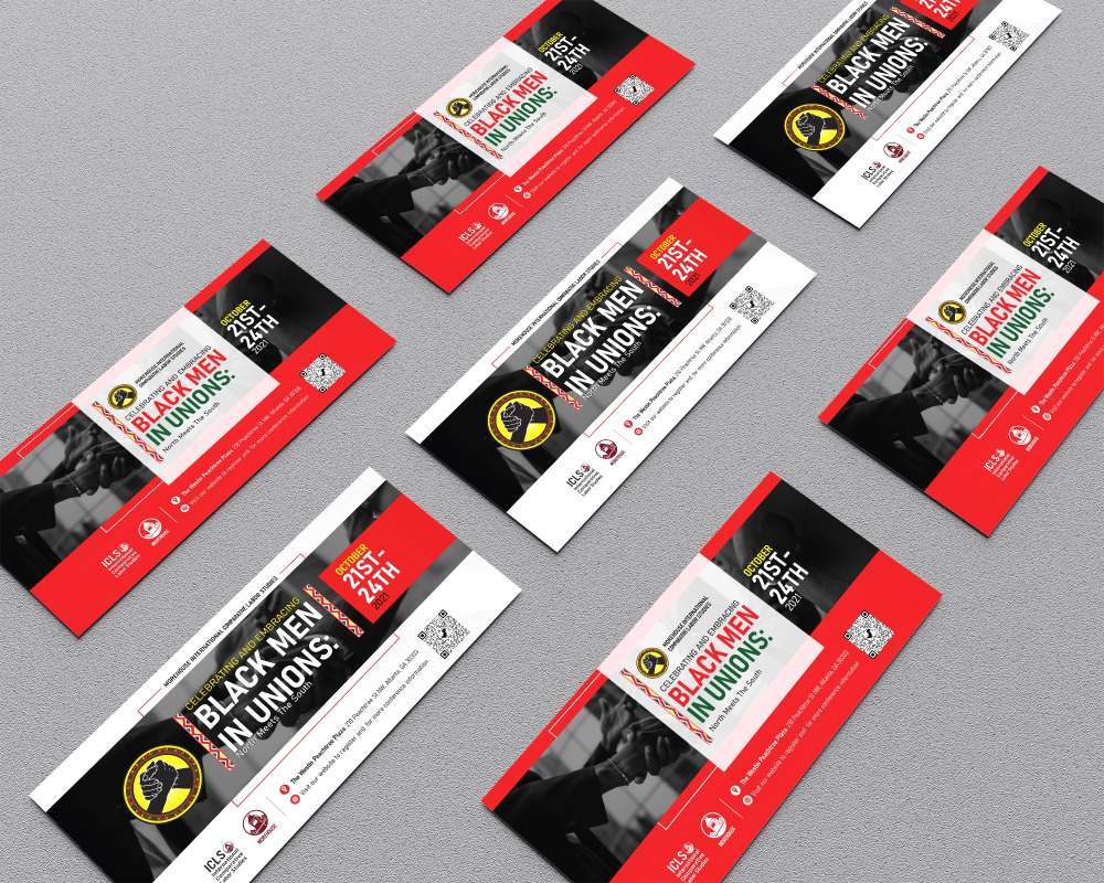 Event flyers promoting 'Celebrating and Embracing Black Men in Unions' from October 21st to 24th, 2021, featuring a handshake image and union logos on a gray background.