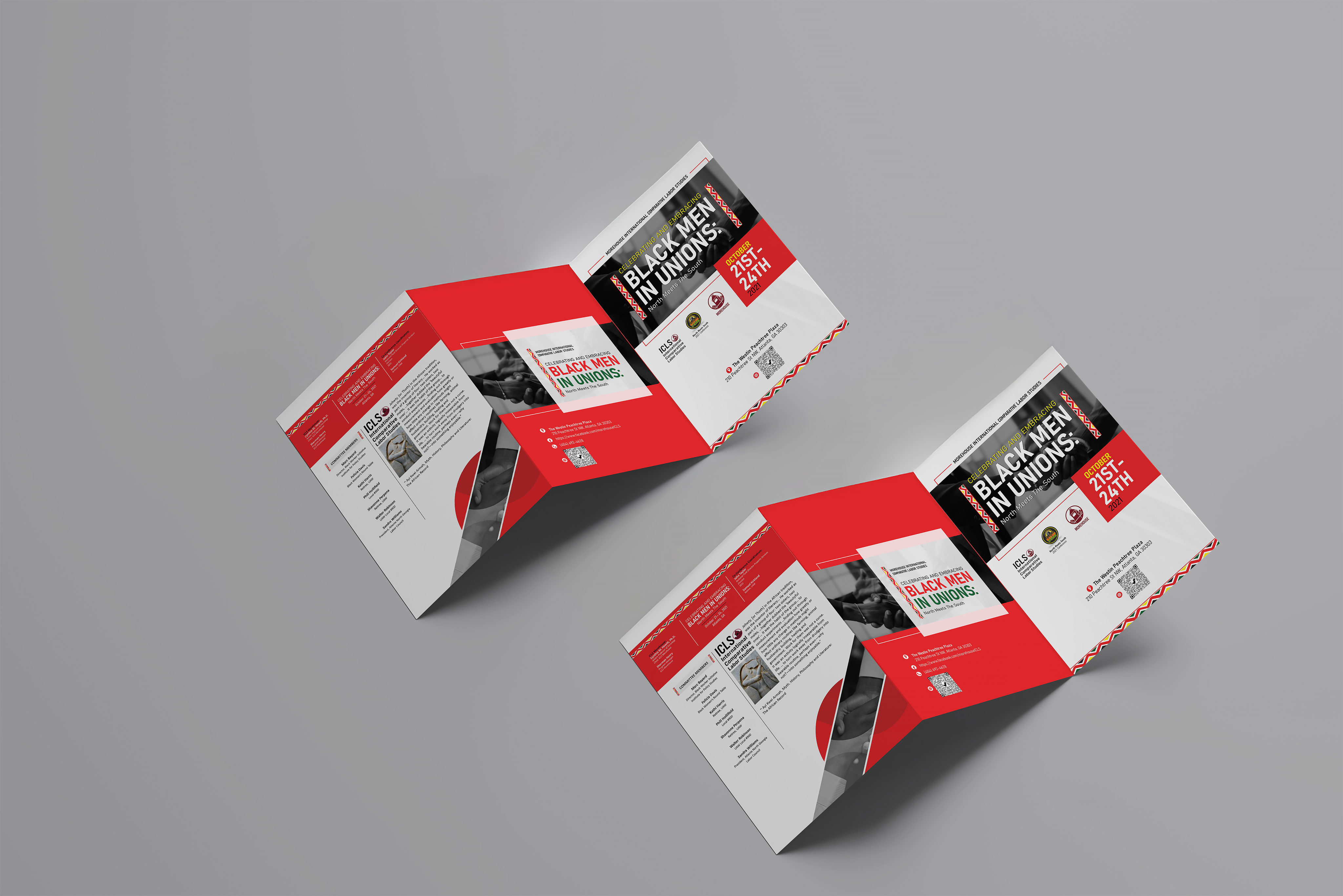 Two open tri-fold brochures with red, white, and black design for the 'Black Men in Unions' event, showing event dates October 21-24, 2021 and related information.