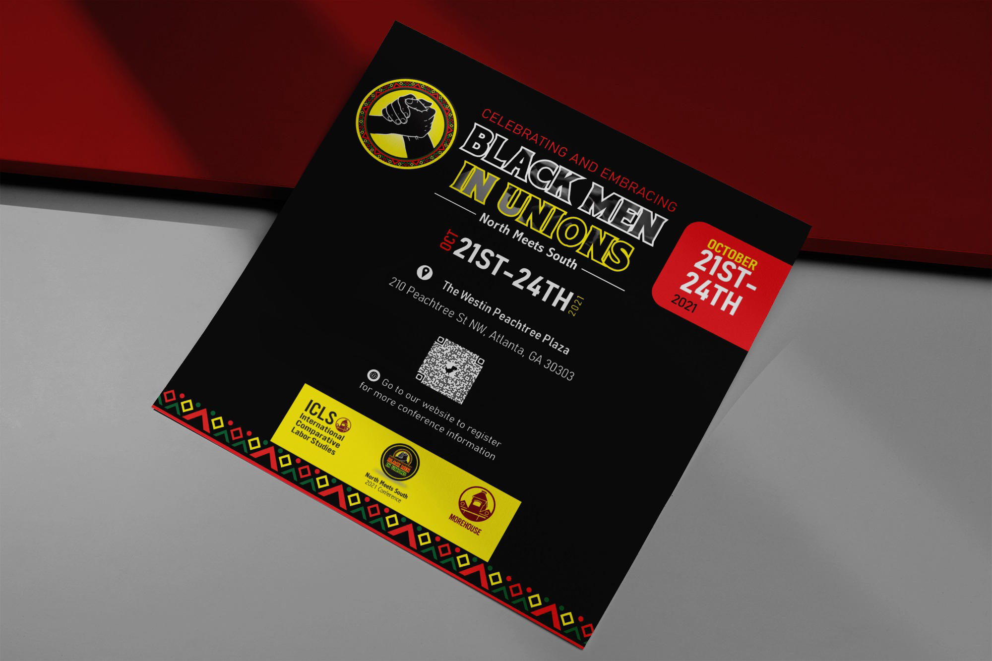 Flyer for the Black Men in Unions conference held October 21st-24th, 2021 at The Westin Peachtree Plaza in Atlanta, featuring logos, event details, and a QR code.