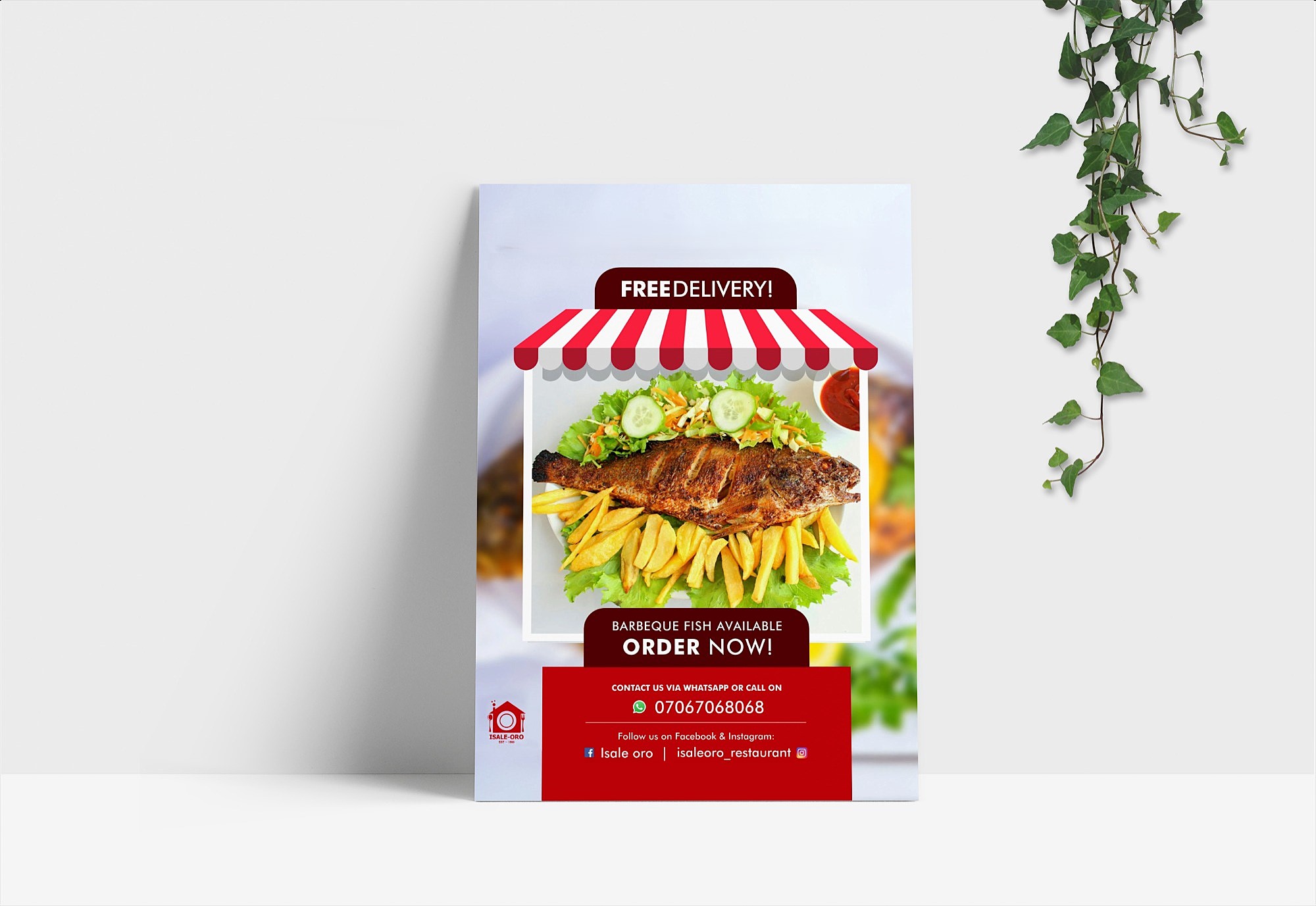 Flyer displaying a barbeque fish with fries and salad, advertising free delivery and contact information for Isale Oro restaurant.