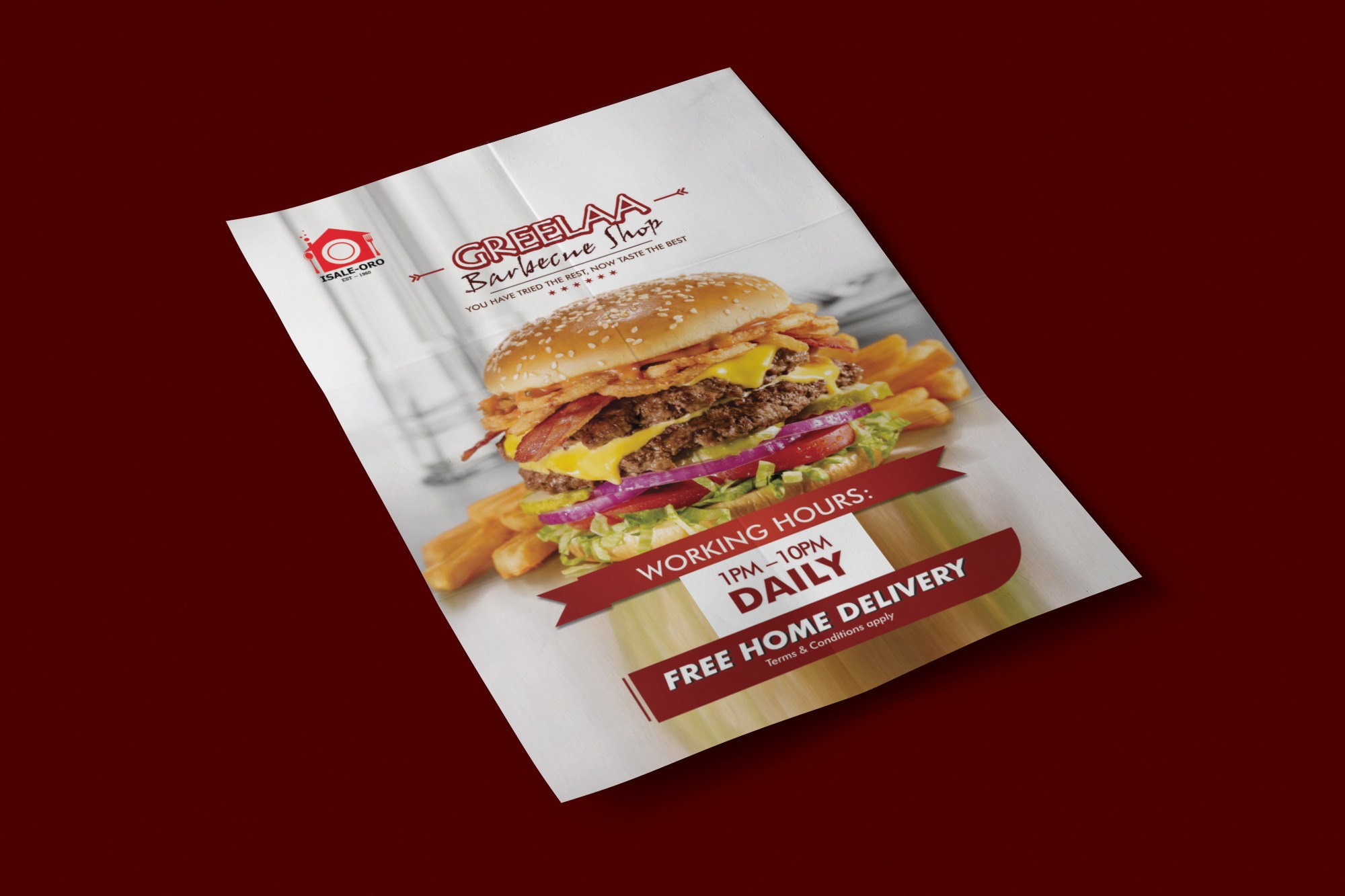 Flyer for Greelaa Barbecue Shop featuring a cheeseburger with bacon, lettuce, tomato, onions, and fries, with working hours 7pm-10pm daily and free home delivery.