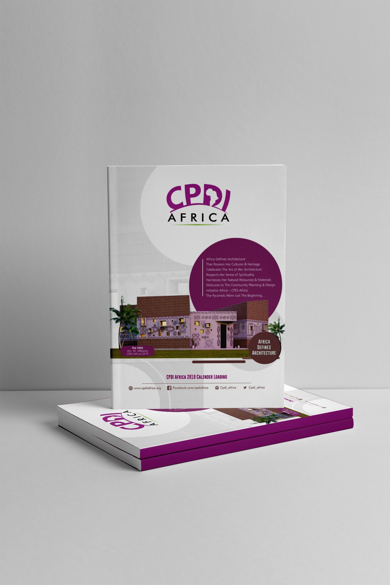 CPDI Africa 2019 calendar with purple and white cover featuring an architectural design and text about African architecture and heritage.
