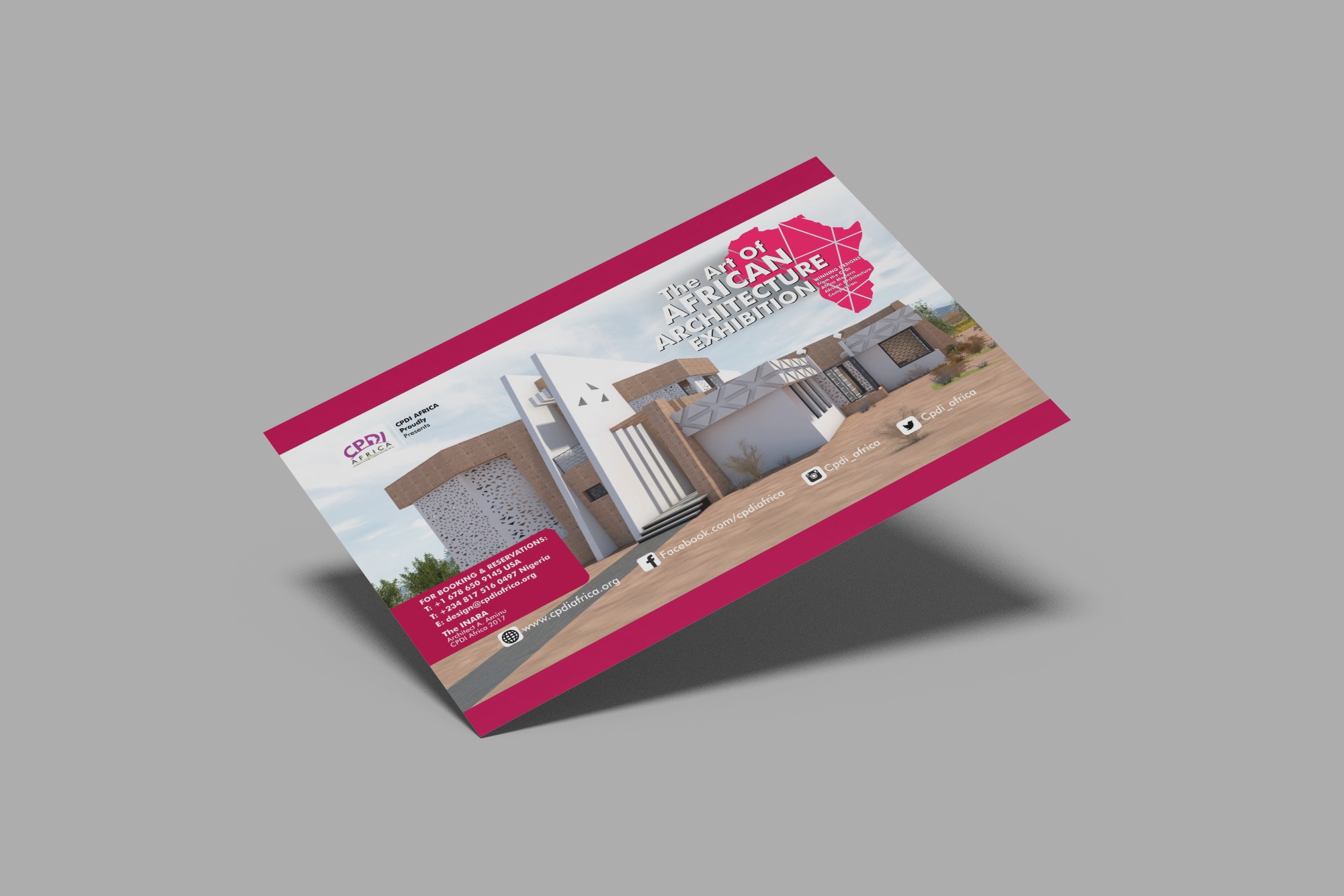 Flyer for The Art of African Architecture Exhibition showing a modern building with geometric designs and contact details on a pink border.