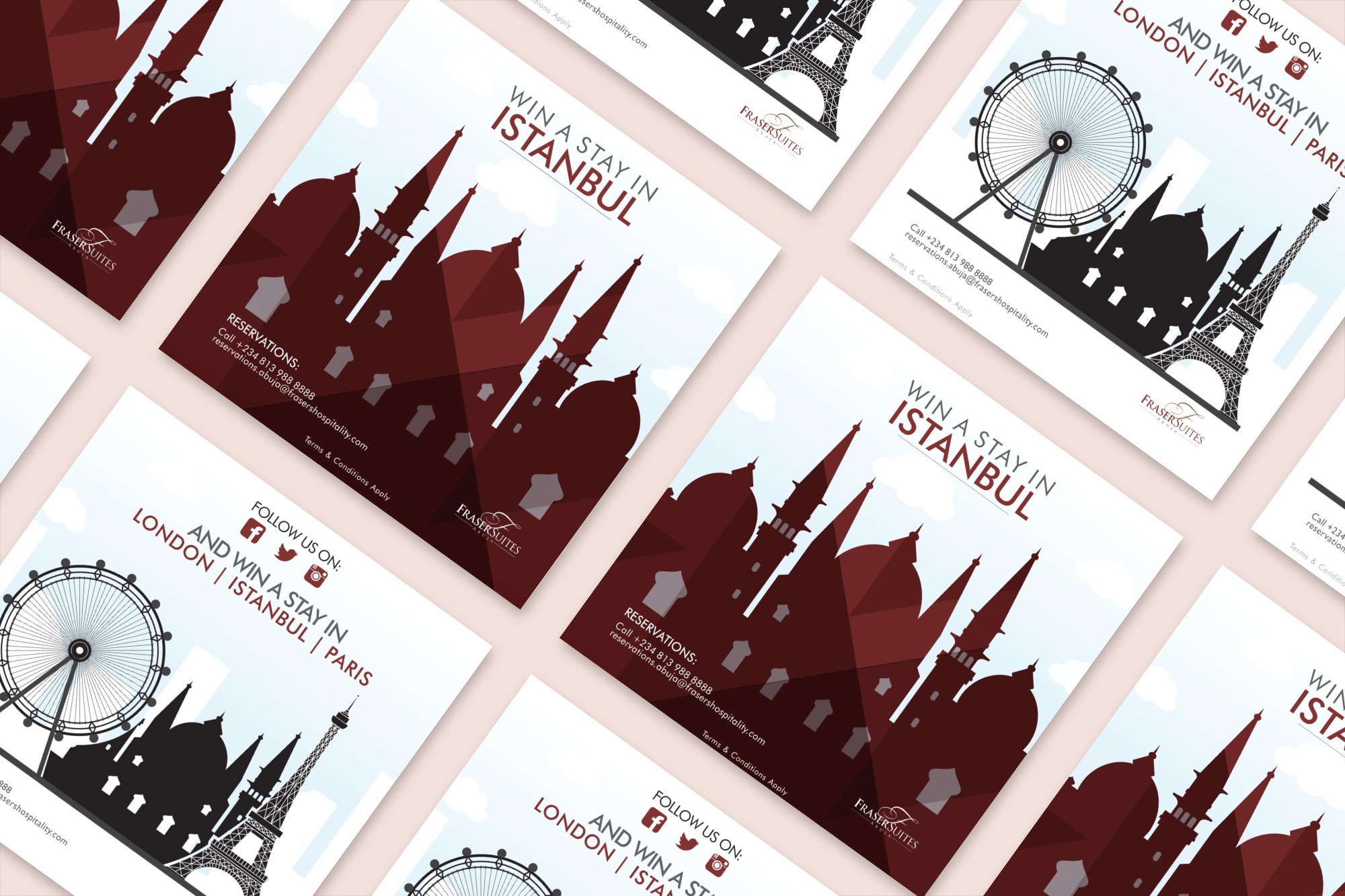 Promotional cards featuring city skylines and landmarks like Istanbul's silhouette and the London Eye, advertising a contest to win stays in multiple cities.