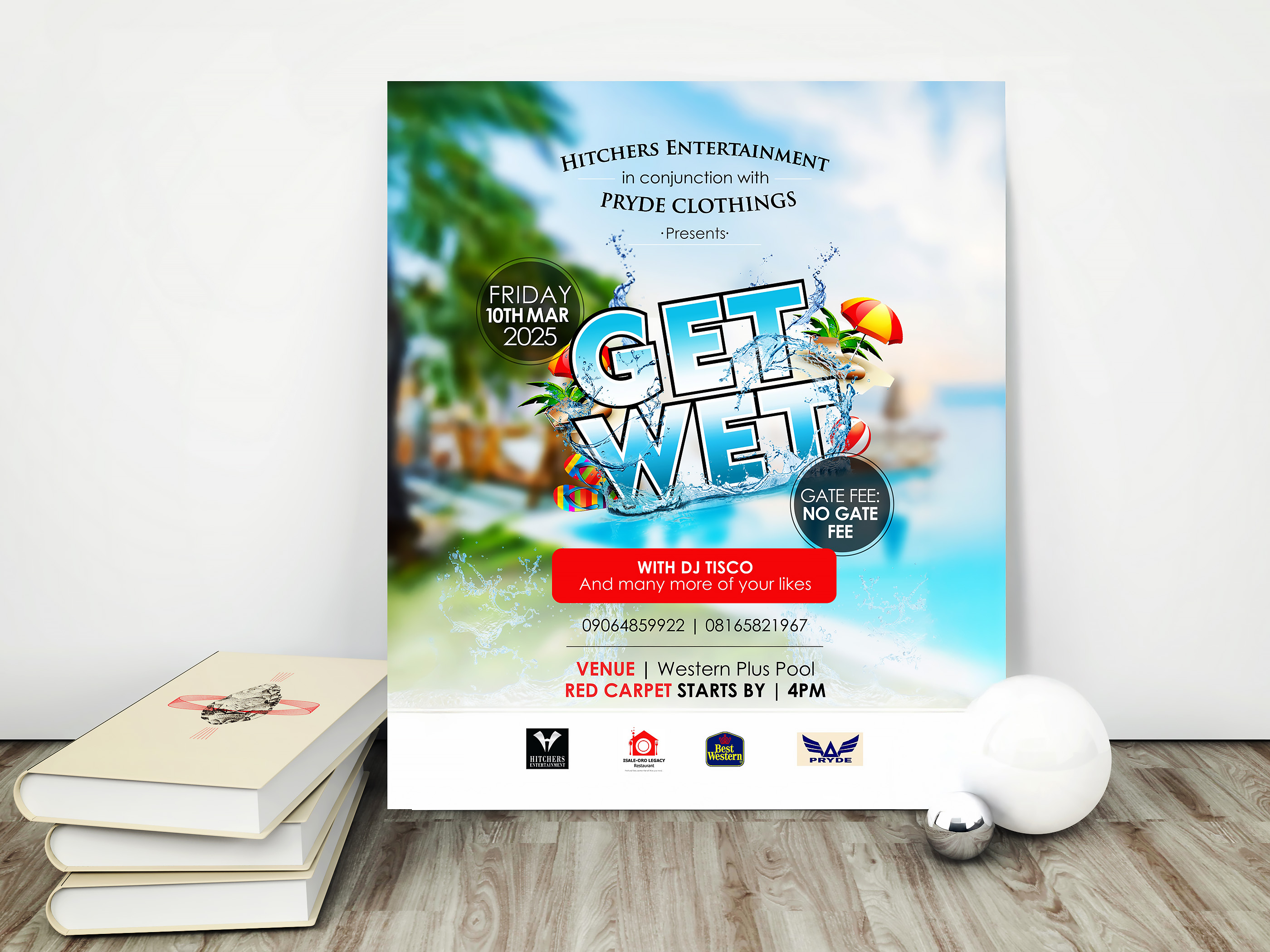 Event poster for 'Get Wet' water-themed party on Friday, March 10, 2025, at Western Plus Pool with DJ Tisco and free gate fee.
