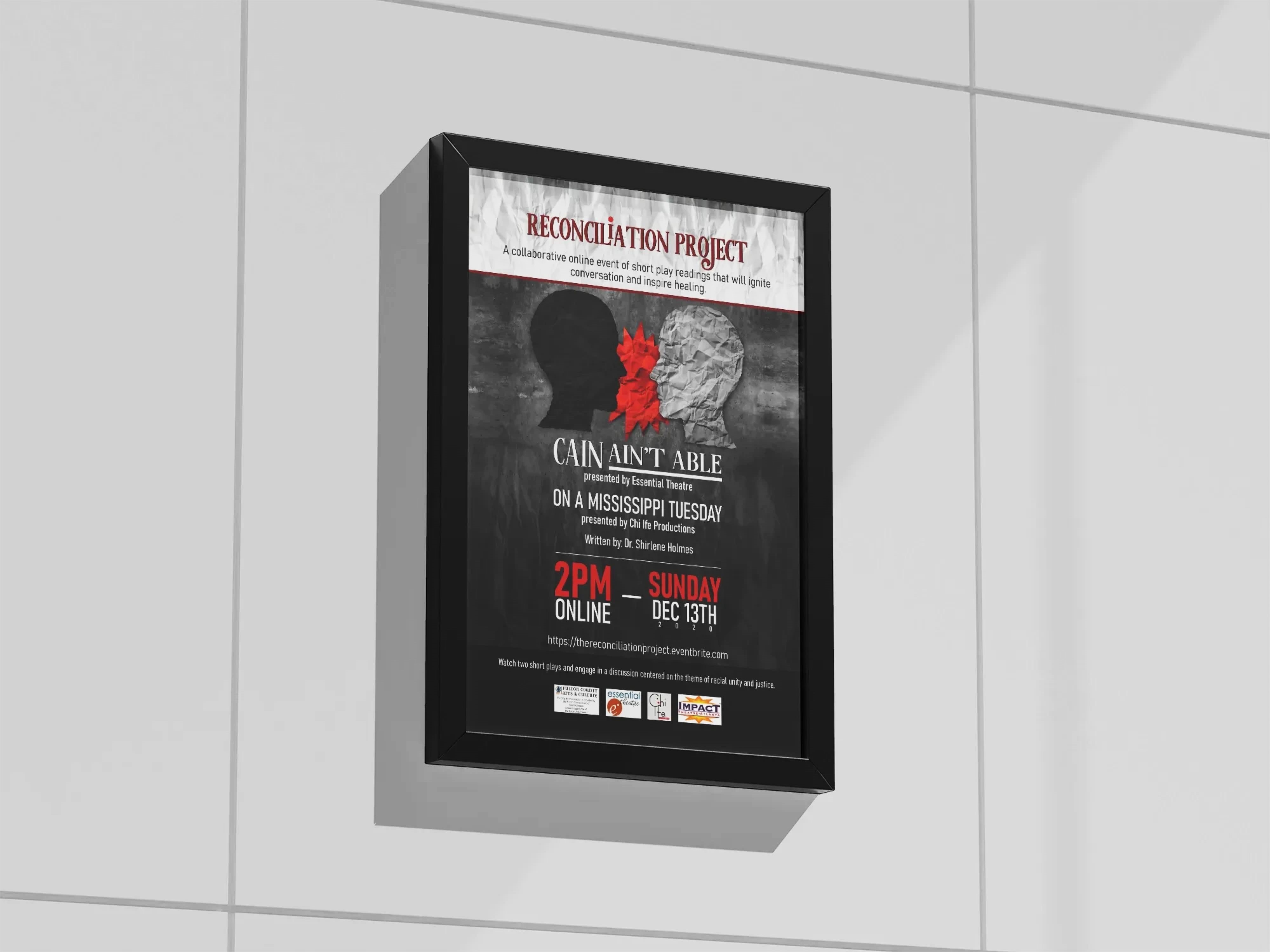 Framed poster for the Reconciliation Project online event featuring short play readings on racial unity and justice, scheduled for Sunday, Dec 13th at 2PM.