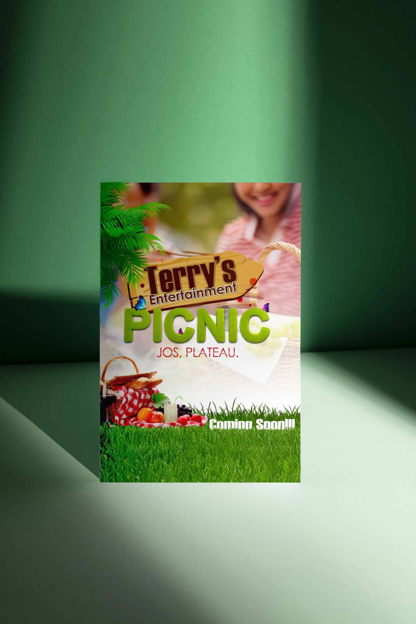 Flyer for Terry's Entertainment Picnic in Jos, Plateau featuring a picnic basket with bread, juice, and fruits on grass.