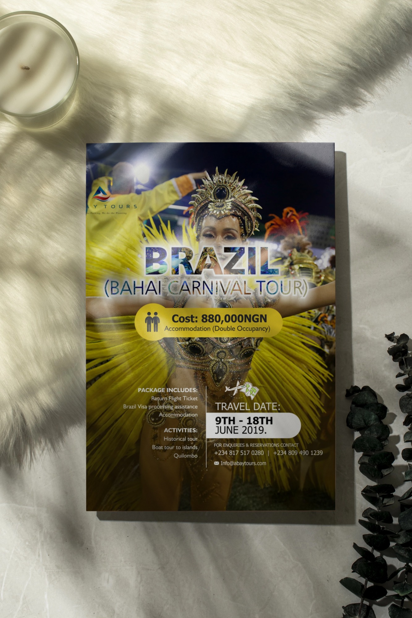 Flyer advertising Brazil Bahai Carnival Tour with an image of a carnival dancer in a yellow costume, showing cost, travel dates, package details, and contact information.