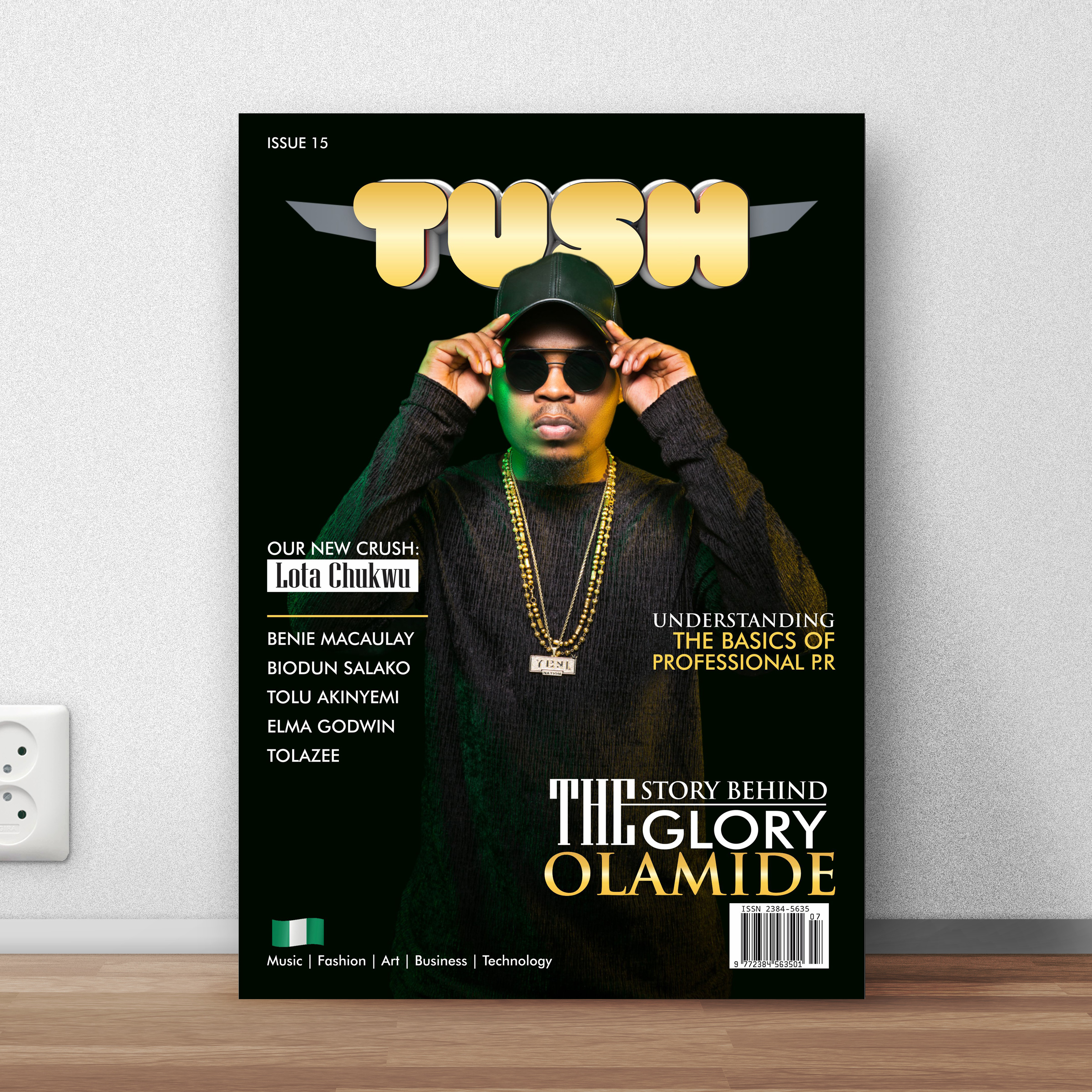 Magazine cover featuring a man wearing sunglasses, a black cap, a black sweater, and gold chains, titled TUSH with the headline 'The story behind Glory Olamide'.