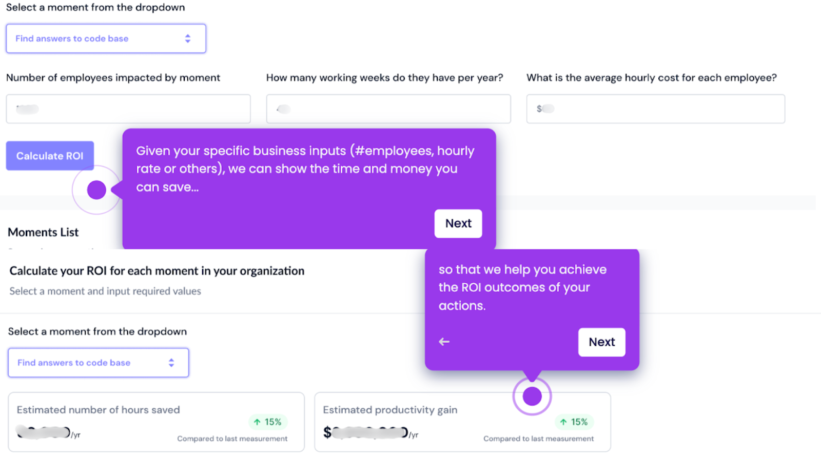 Screenshot of FOUNT's software. It shows two pie charts, one showing freetext sentiment analysis and one showing associated comment score. Below these pie charts is a list of comments, each with an associated score.
