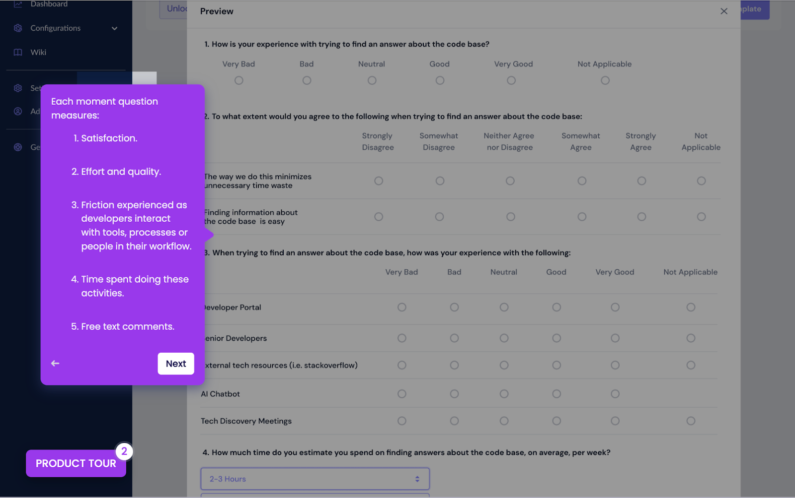 Screenshot of a digital survey with questions about a worker's experience trying to find an answer from the code base. There is a purple pop-up box with the text: "Each moment question measures: 1. Satisfaction; 2. Effort and quality; 3. Friction experienced as developers interact with tools, processes, or people in their workflow; 4. Time spent doing these activities; 5. Free text comments."
