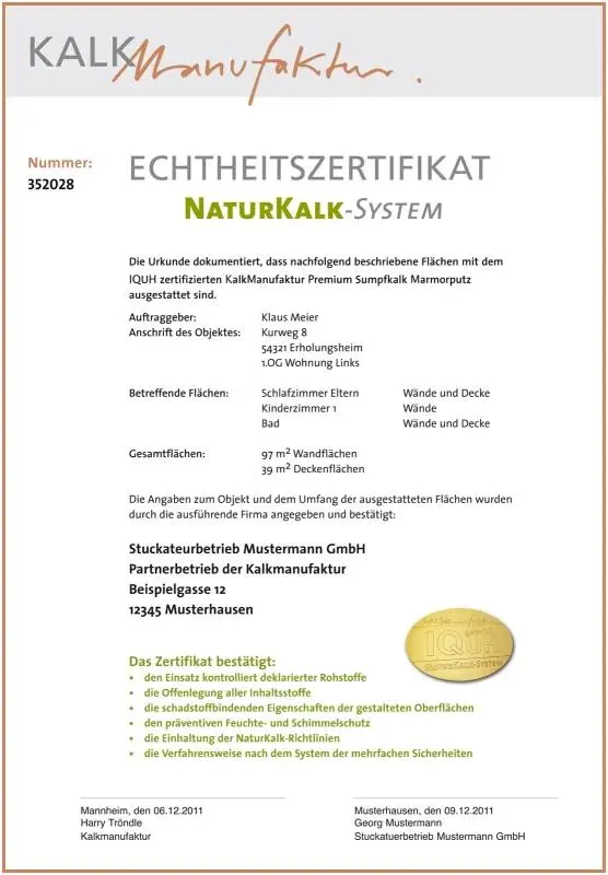 Echtheitszertifikat von Naturkalk System