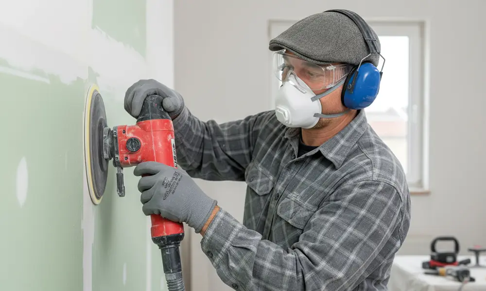 Bio Maler Kai Uwe Vogel entfernt mit einer Schleifmaschine alte Farbe auf einer Wand um Naturkalk auftragen zu können