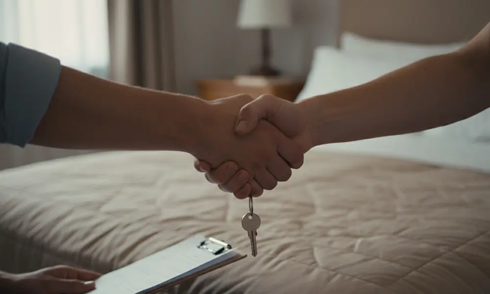 Übergabe für gesunden Schlaf von 2 Personen die sich die Handgeben.