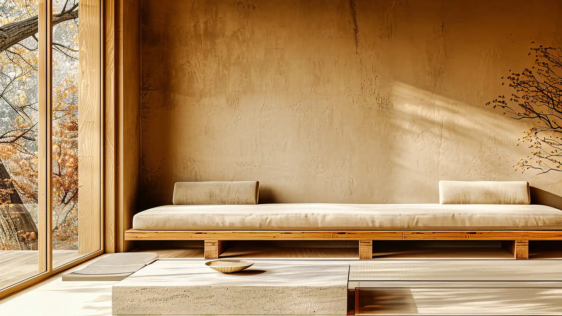 Minimalistisches Wohnzimmer mit Langsofa auf Palettenrahmen, großem Fenster und hellen Holztönen.